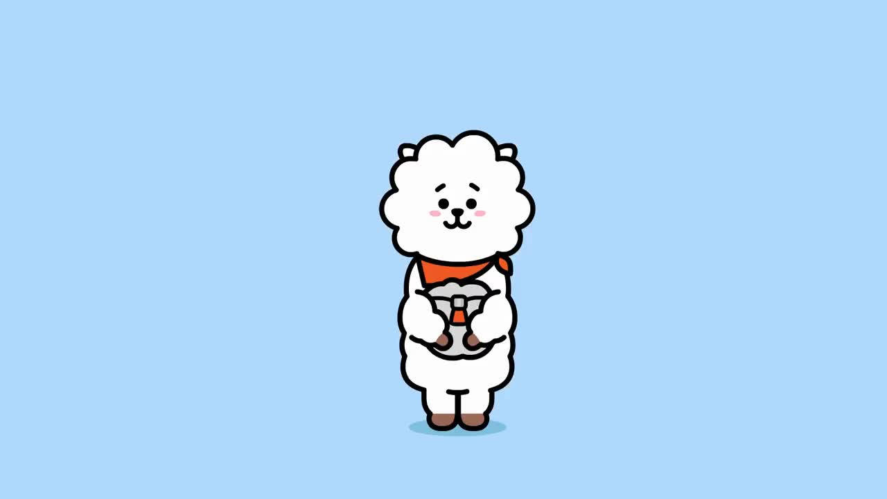 rj bt21 桌布 壁紙 — 一隻可愛的白色卡通羊駝，戴著紅色圍巾，在純淺藍色背景前拿著遊戲控制器。