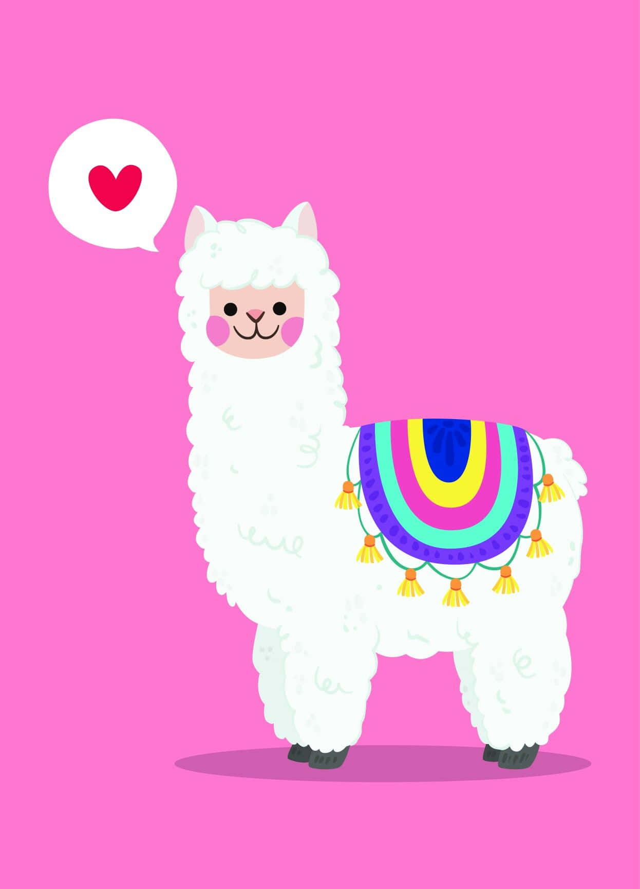 Kawaii Llama 桌布 壁紙 — 一隻可愛的白色卡通羊駝，配有彩虹鞍和心形對話框，站在明亮的粉紅色背景前。