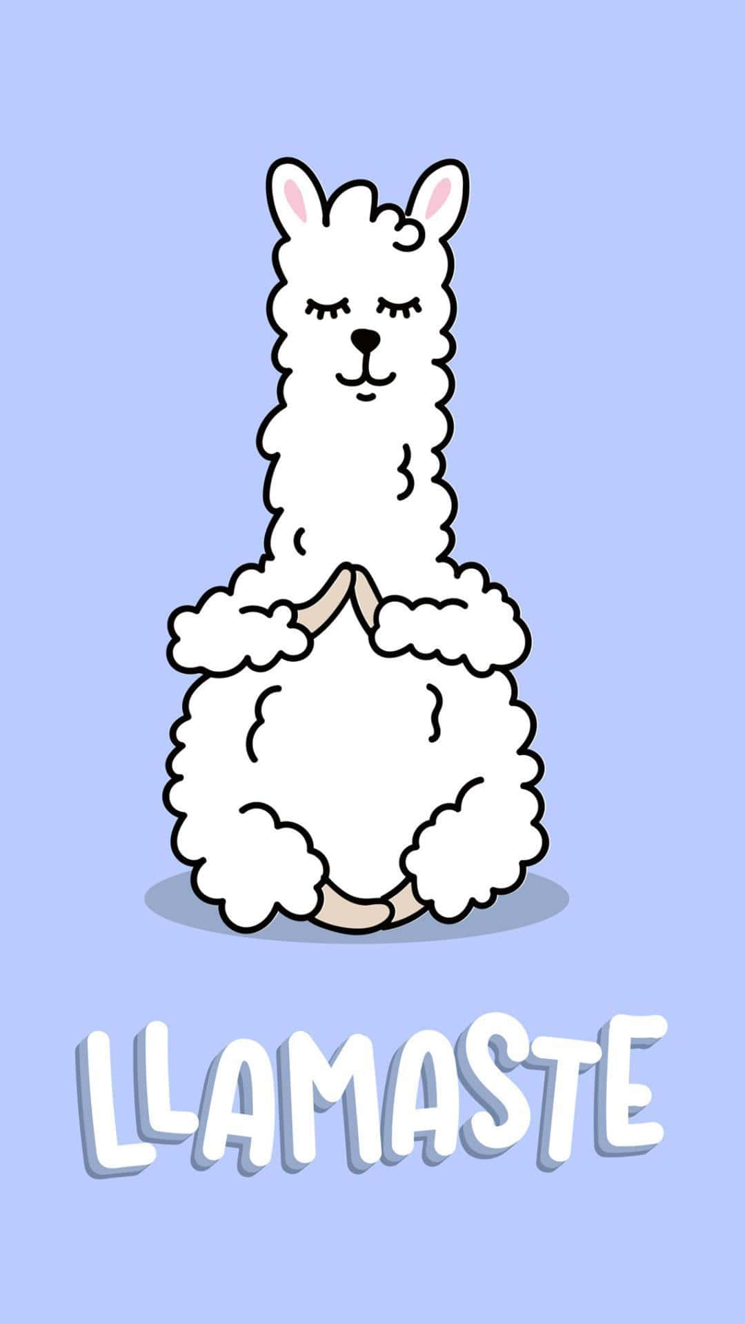 Cute Llama 桌布 壁紙 — 一隻可愛的白色卡通羊駝在柔和的藍色背景上閉著眼睛平靜地冥想。