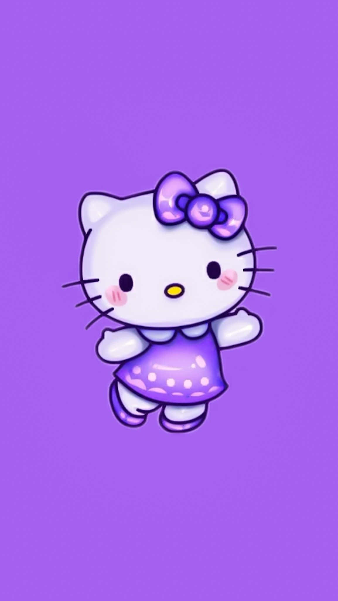 Hello Kitty 桌布 壁紙 — 一隻可愛的白色卡通貓，戴著紫色蝴蝶結和裙子，漂浮在純紫色背景上。