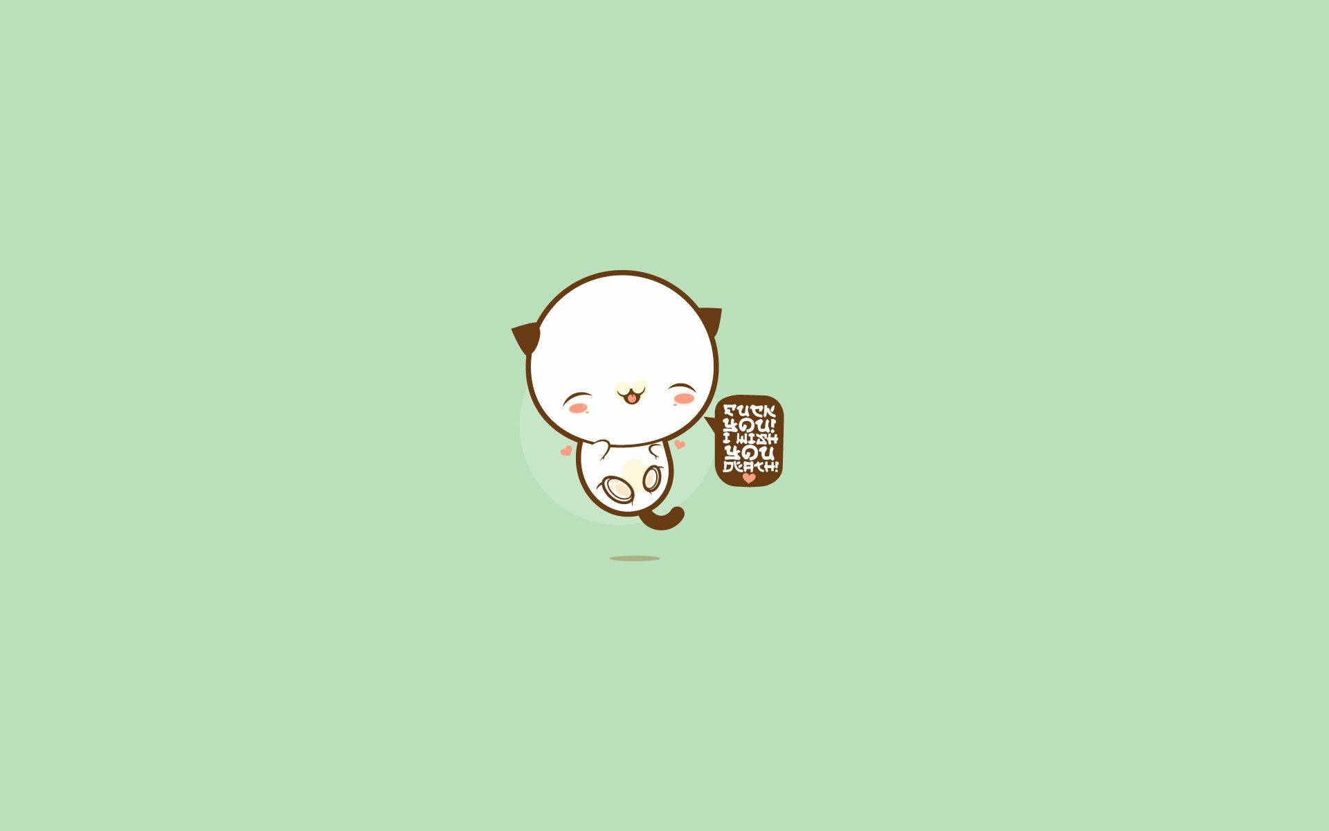 Kawaii Laptop 桌布 壁紙 — 一隻可愛的白色卡通貓，有棕色耳朵和尾巴，拿著一個棕色牌子，上面有白色文字，背景是純薄荷綠色。