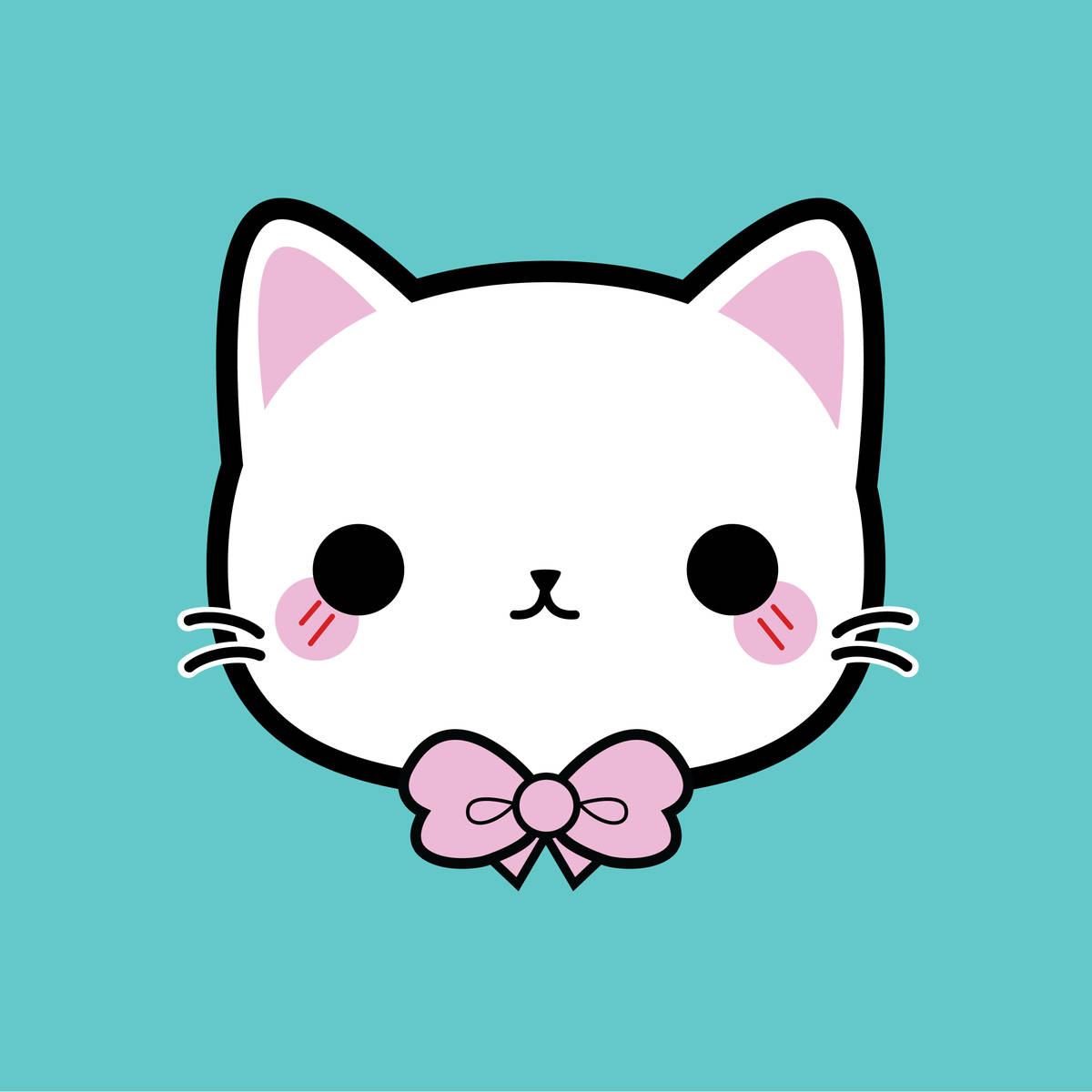 Cute Kawaii Cat 桌布 壁紙 — 一隻可愛的白色卡通貓，有粉紅色內耳和蝴蝶結，背景是藍綠色。