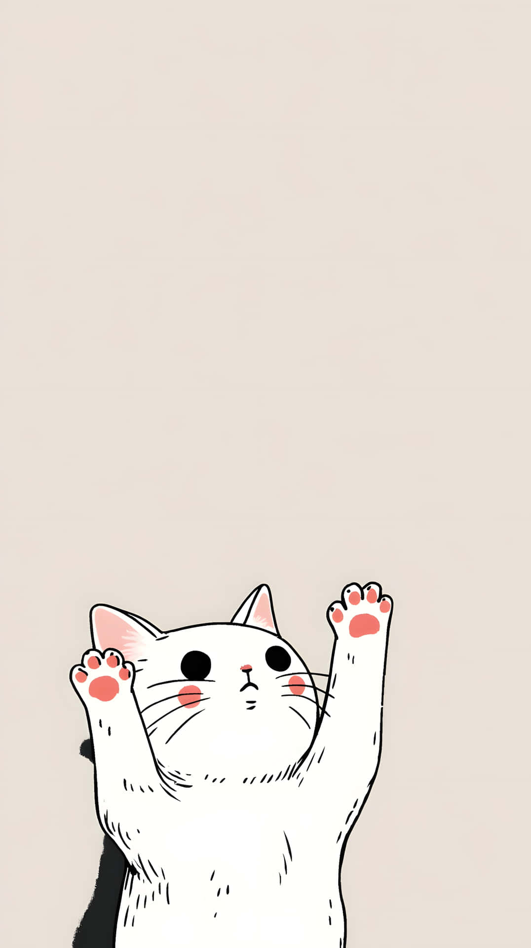Cute white cat stretching up minimal 壁紙 — 一隻可愛的白色卡通貓，有粉紅色的爪子和臉頰，在柔和的米色背景上舉起雙爪。