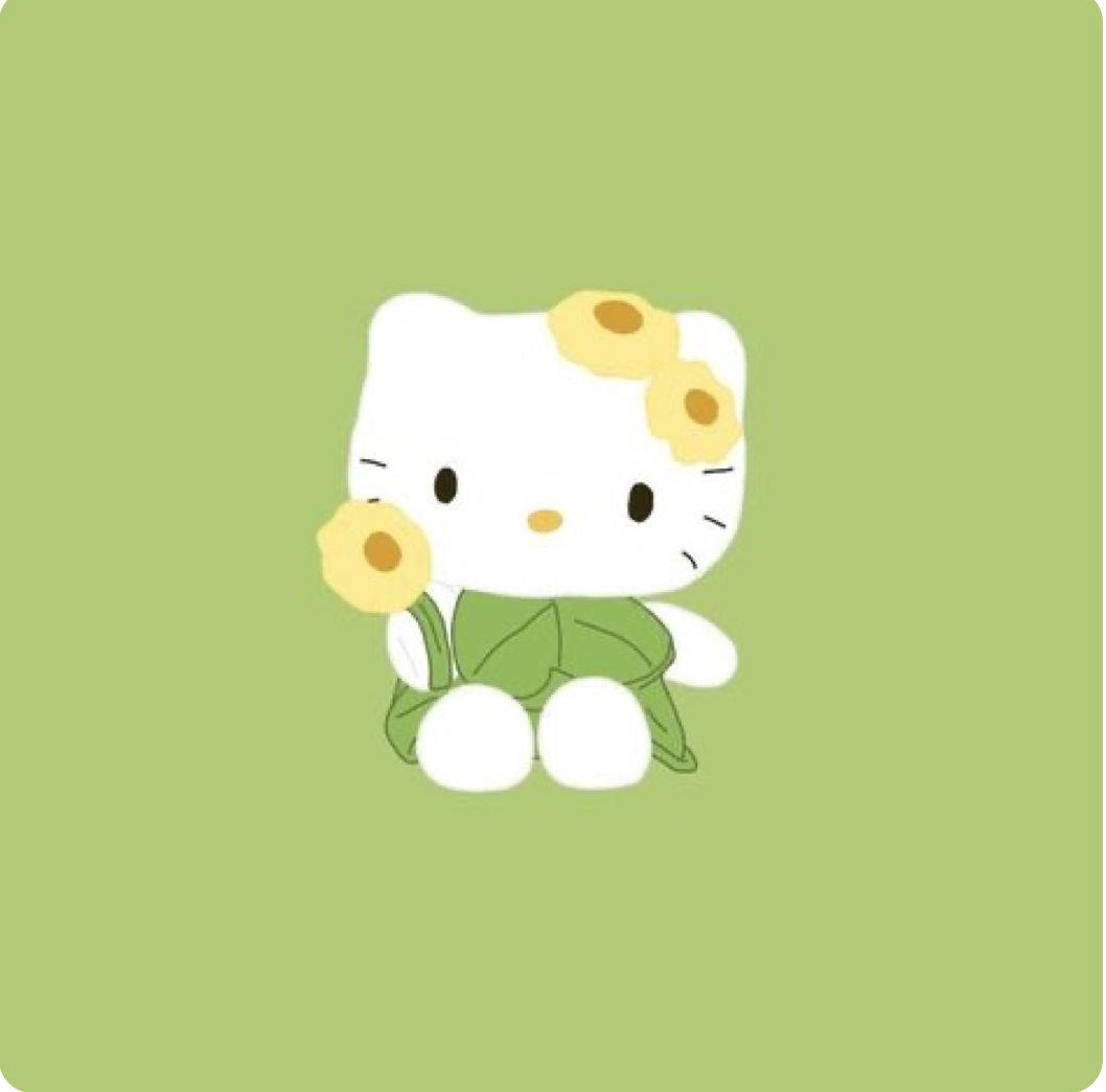Hello 桌布 壁紙 — 一隻可愛的白色卡通貓，穿著綠色葉子連衣裙，手持黃色花朵，背景為純淺綠色。