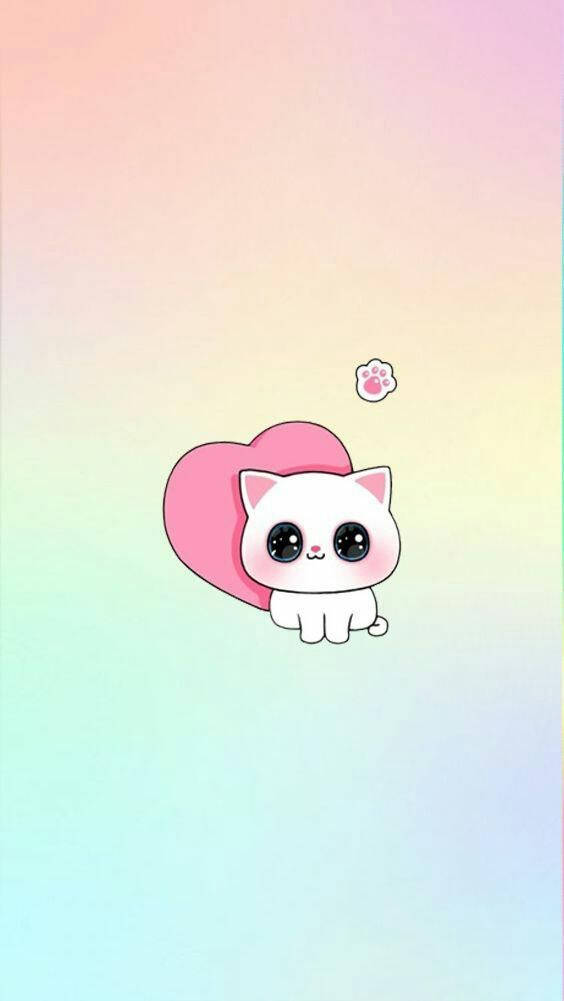 Cute Cat 桌布 壁紙 — 一隻可愛的白色卡通貓咪，大眼睛，坐在粉紅色愛心旁邊，背景是柔和的粉彩漸層。