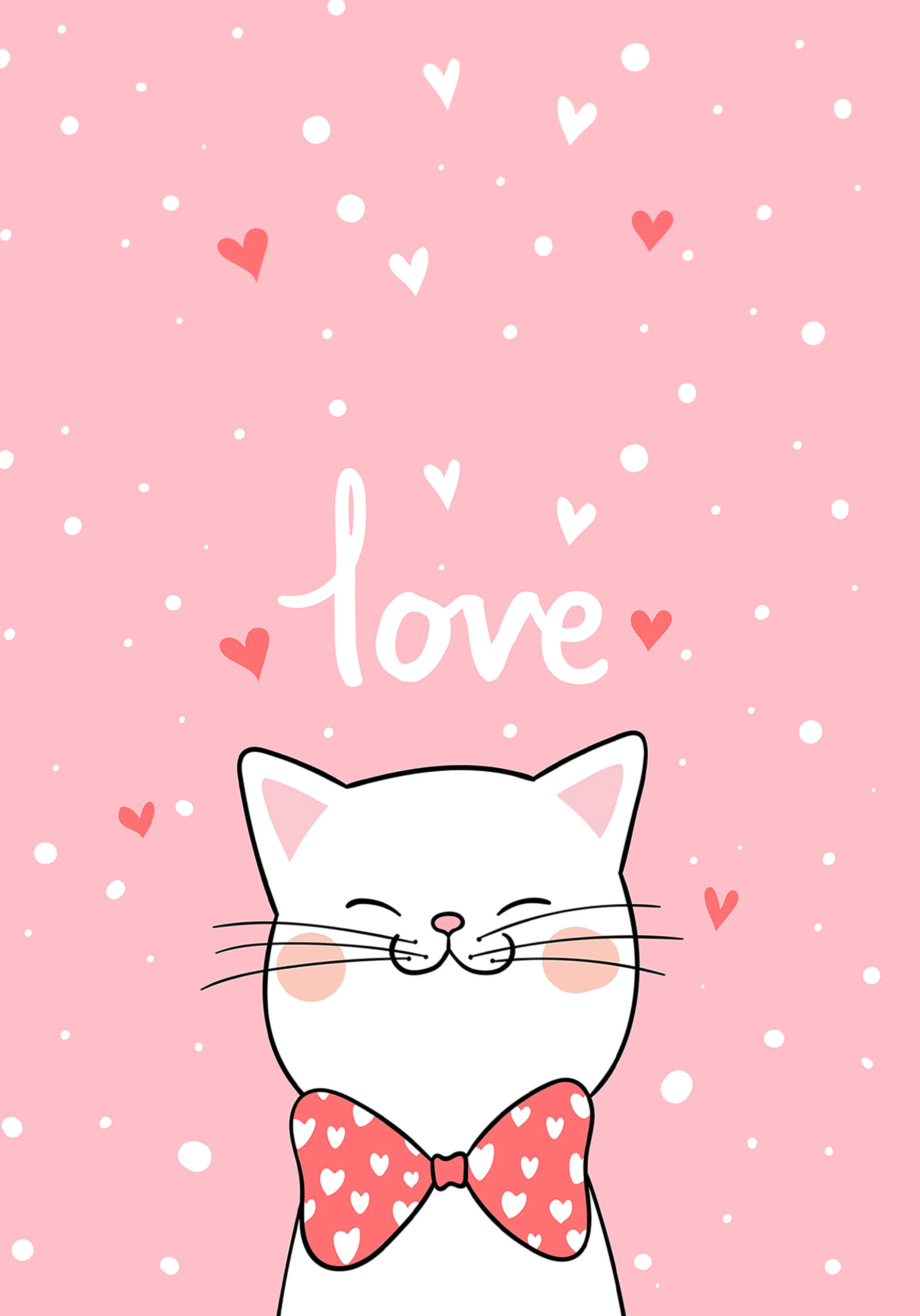 Cute Love 桌布 壁紙 — 一隻可愛的白色卡通貓咪，戴著粉紅色心形圖案蝴蝶結，在點綴著心形和「love」字樣的柔和粉紅色背景前滿足地微笑。