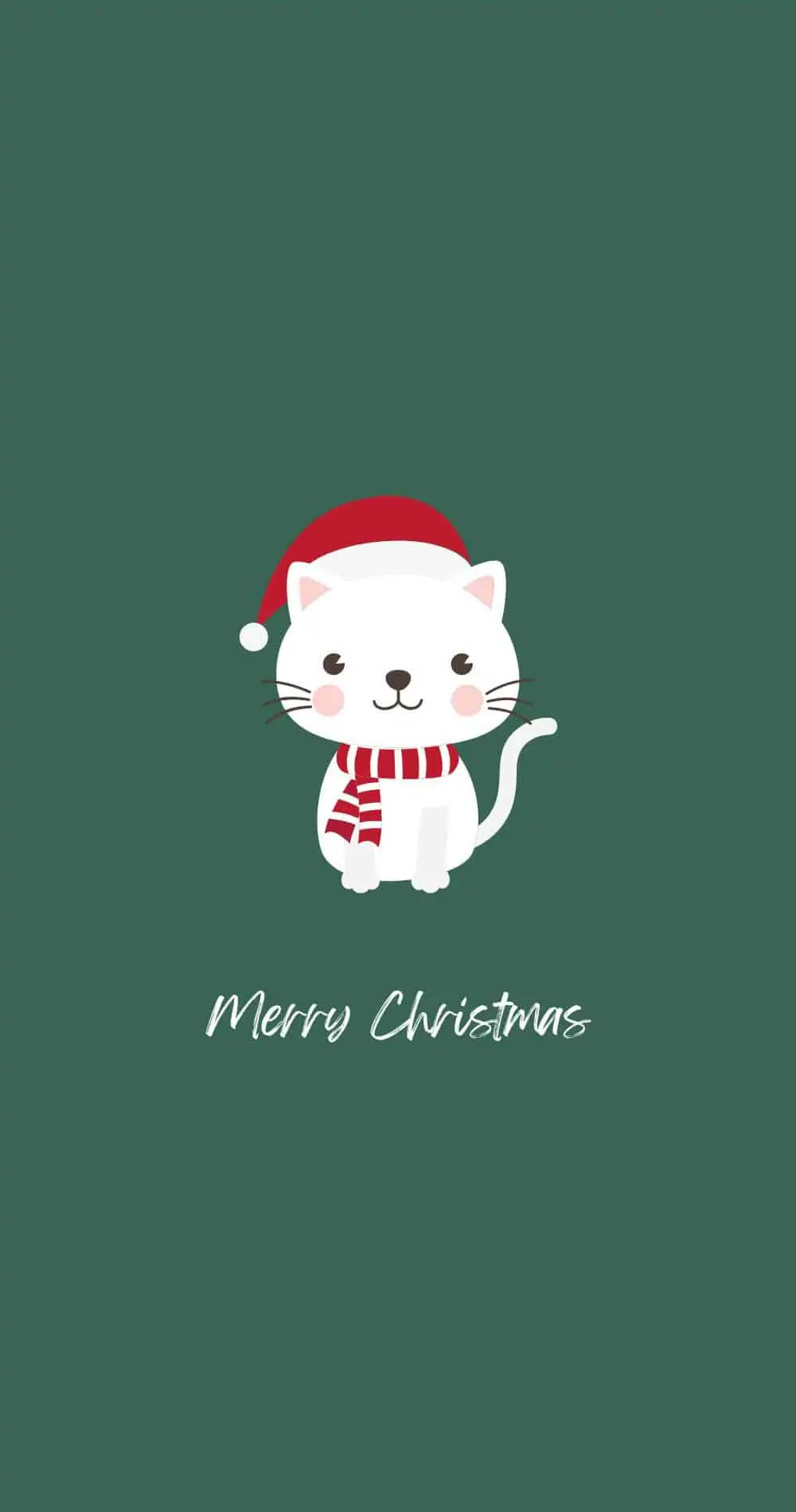 Christmas Cat 桌布 壁紙 — 一隻可愛的白色卡通貓咪，戴著紅色聖誕帽和條紋圍巾，在深綠色背景上寫有「Merry Christmas」文字。