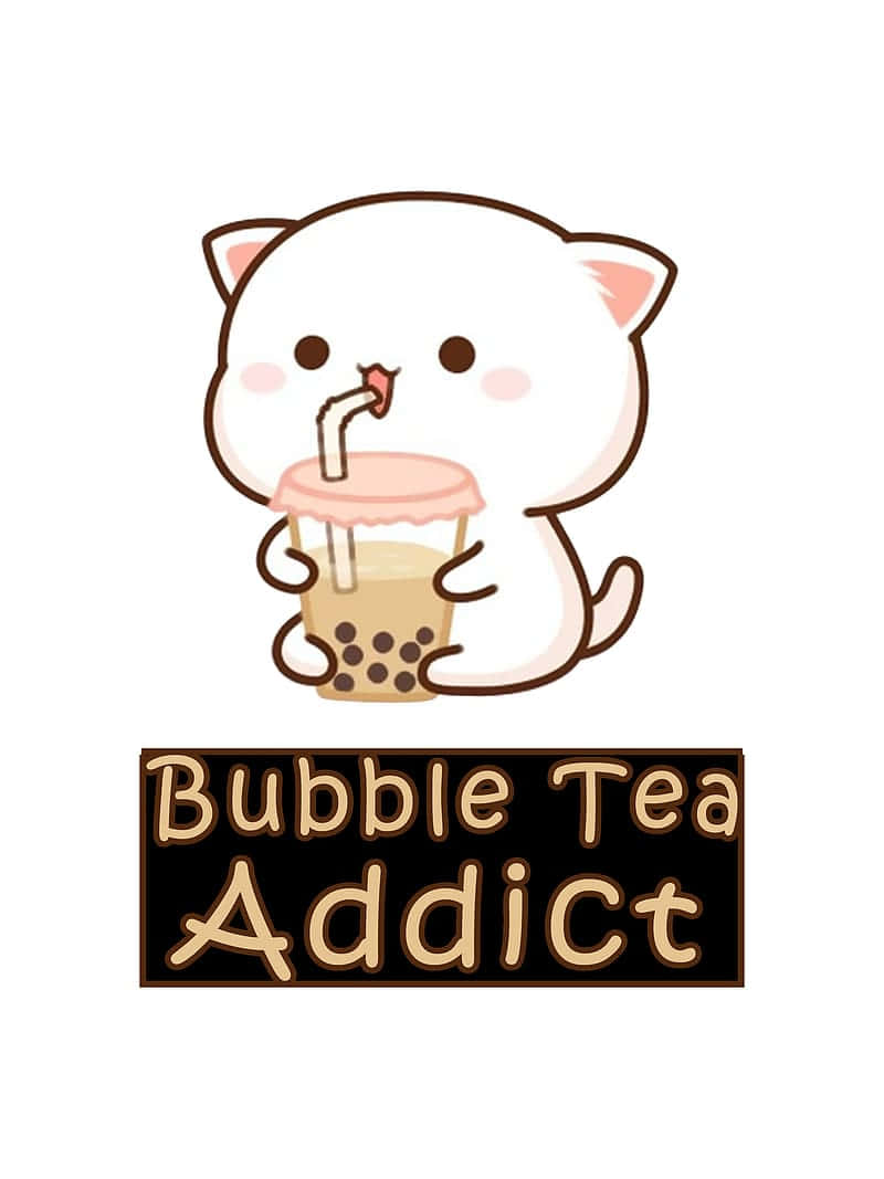 珍珠奶茶 桌布 壁紙 — 一隻可愛的白色卡通貓咪，拿著杯子，用粉紅色蓋子和吸管啜飲珍珠奶茶。