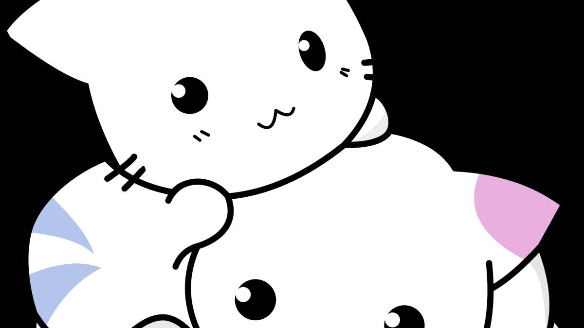 Cute Cat Love 桌布 壁紙 — 一隻可愛的白色卡通貓咪，有大眼睛和粉紅色耳朵，在黑色背景上微笑。