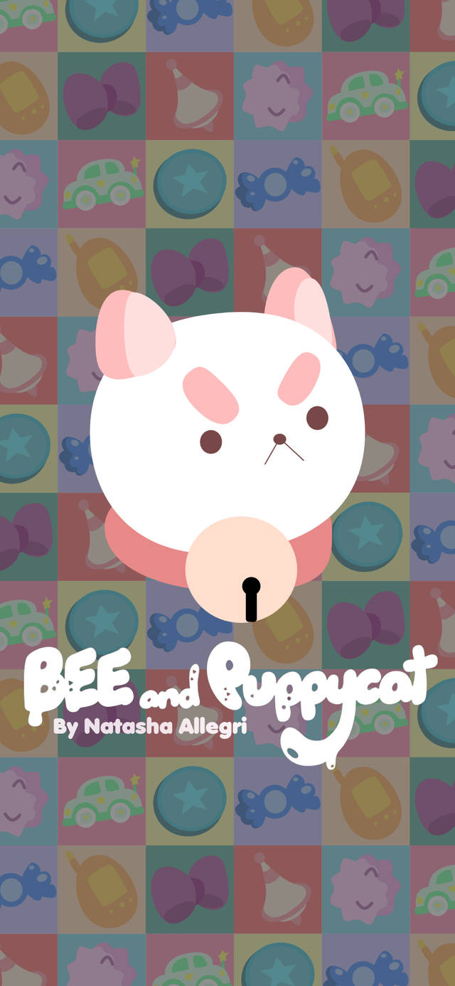 bee and puppycat 桌布 壁紙 — 一隻可愛的白色卡通貓咪，有粉紅色耳朵和蝴蝶結，坐在色彩繽紛的玩具圖標網格中央。