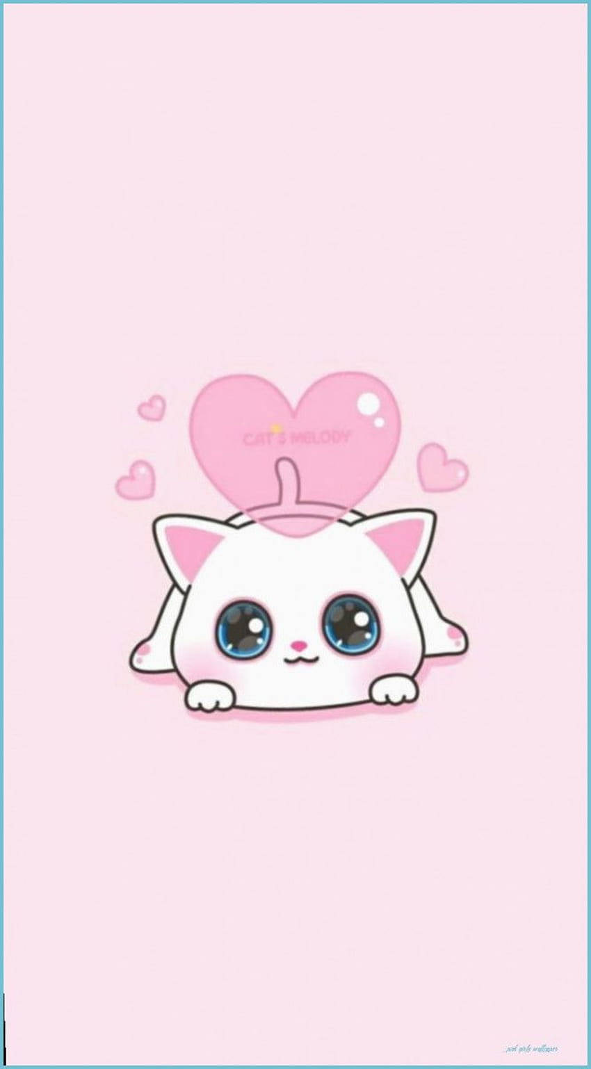 Pink Cat 桌布 壁紙 — 一隻可愛的白色卡通貓咪，有著大大的藍色眼睛，從粉紅色心形帽子後面探出頭來，背景是柔和的粉紅色。