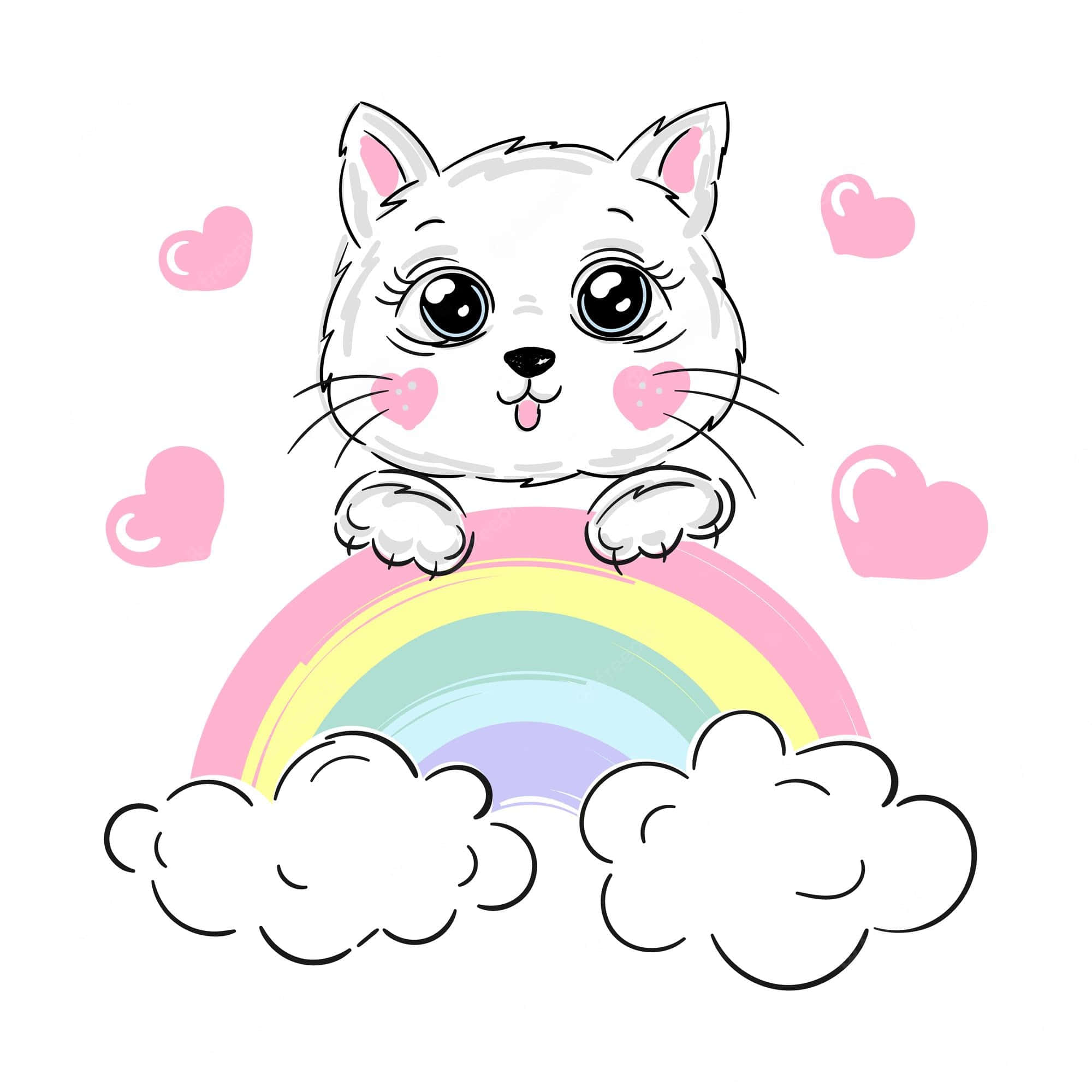 cute kitty 桌布 壁紙 — 一隻可愛的白色卡通貓咪，臉頰粉紅，坐在色彩繽紛的彩虹上，周圍是蓬鬆的雲朵和粉紅色的愛心。