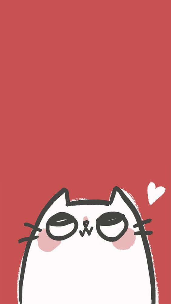 Cute Red 桌布 壁紙 — 一隻可愛的白色卡通貓咪，臉頰紅潤，還有一個心形圖案，漂浮在純紅色背景上。
