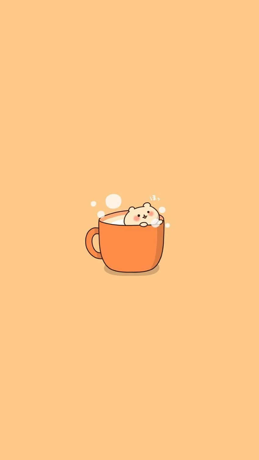 Cute Orange 桌布 壁紙 — 一隻可愛的白色卡通貓咪在一個冒著蒸氣的橙色杯子裡放鬆，周圍有氣泡漂浮，背景是純蜜桃色。