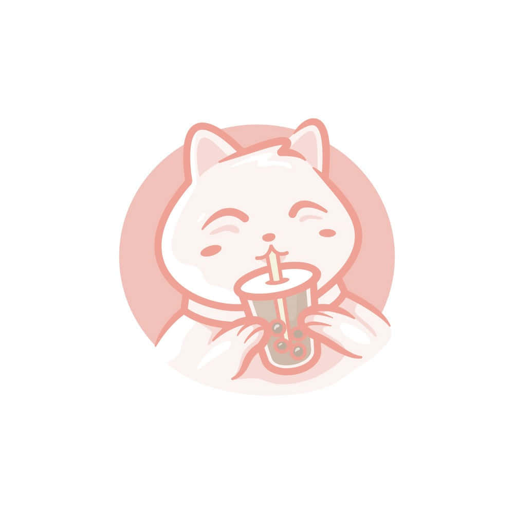 珍珠奶茶 桌布 壁紙 — 一隻可愛的白色卡通貓咪在柔軟的粉紅色圓形框架內用吸管啜飲珍珠奶茶。