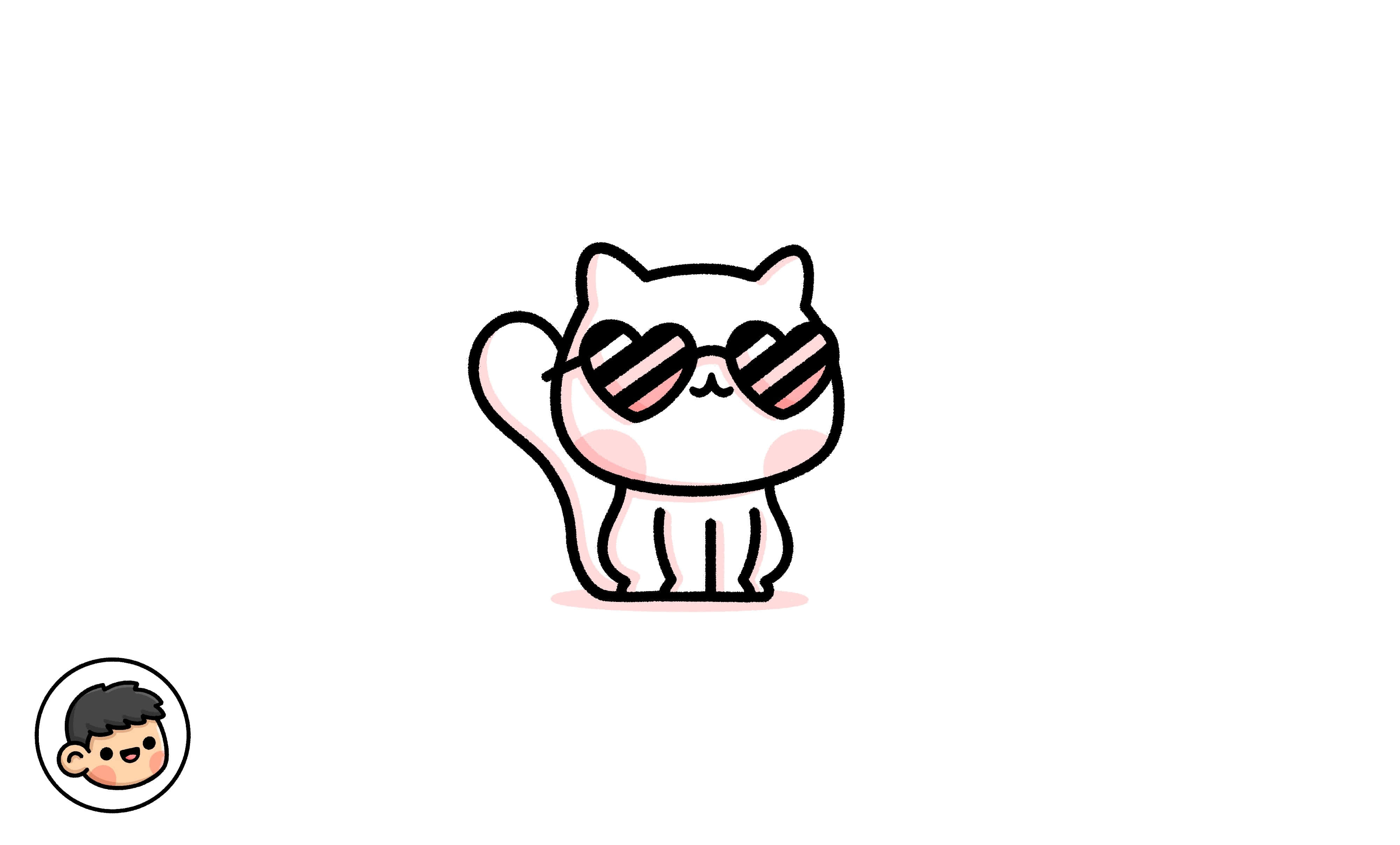 Cartoon Drawing 桌布 壁紙 — 一隻可愛的白色卡通貓咪戴著心形太陽眼鏡，自信地站在純白色背景前。