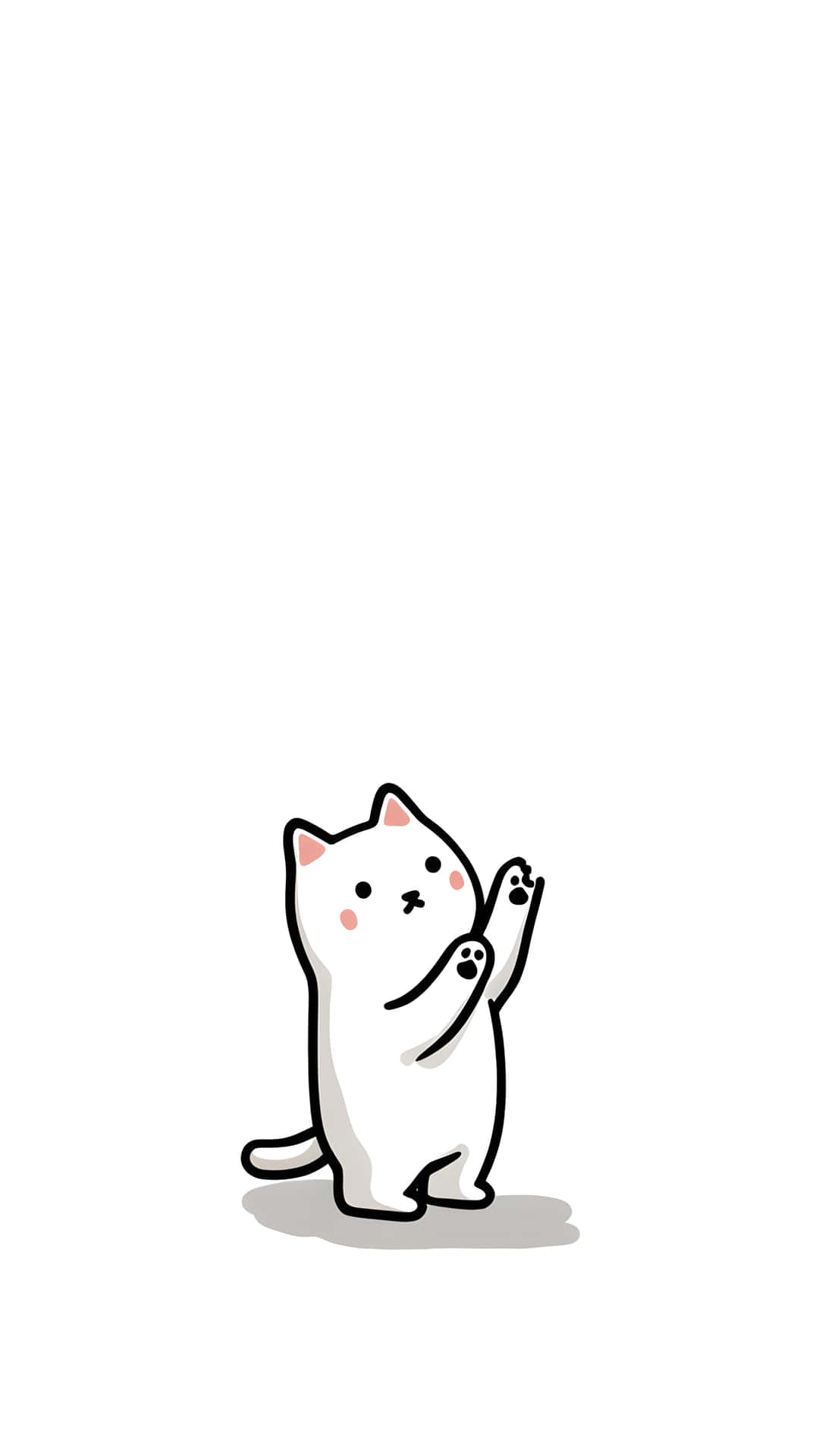 Chibi cat hugging itself adorable minimal 壁紙 — 一隻可愛的白色卡通貓用後腿站立，揮動雙爪，背景是純白色。