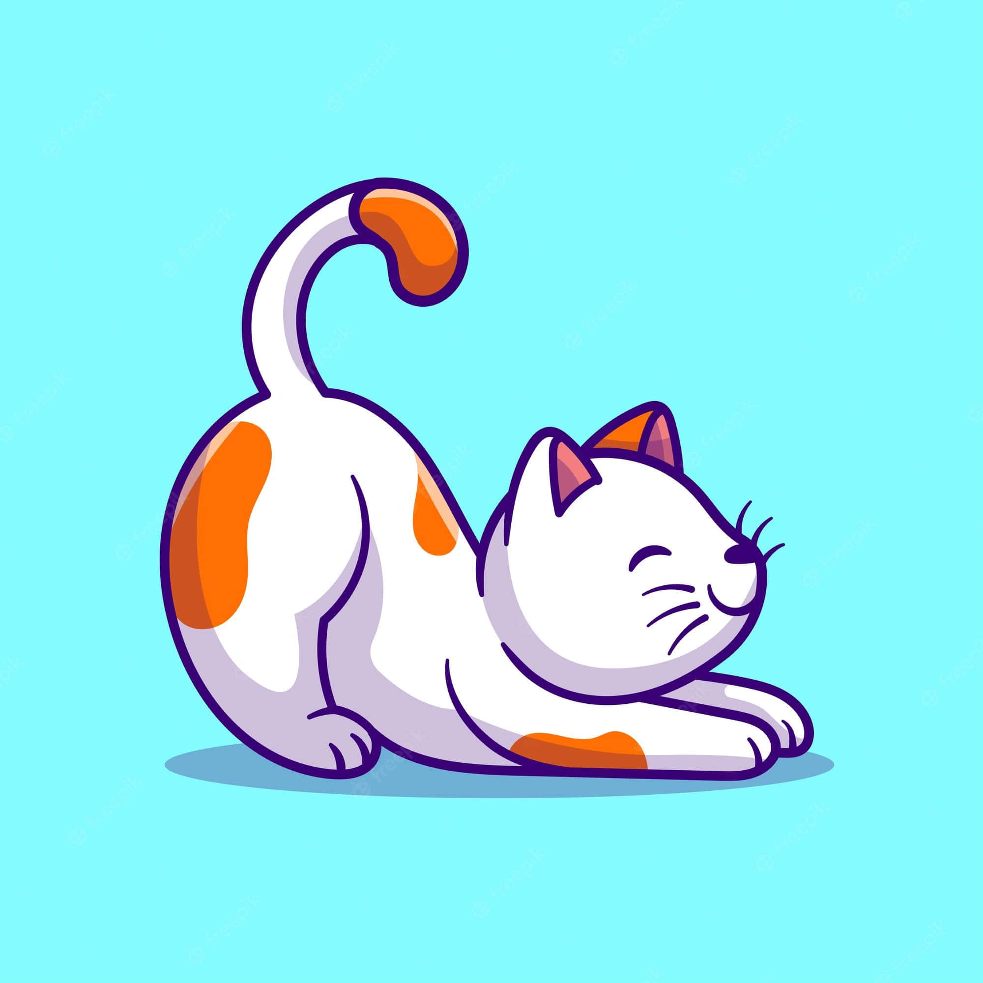 Cat Tail 桌布 壁紙 — 一隻可愛的白色和橙色卡通貓咪在純淺藍色背景上開心地伸懶腰。