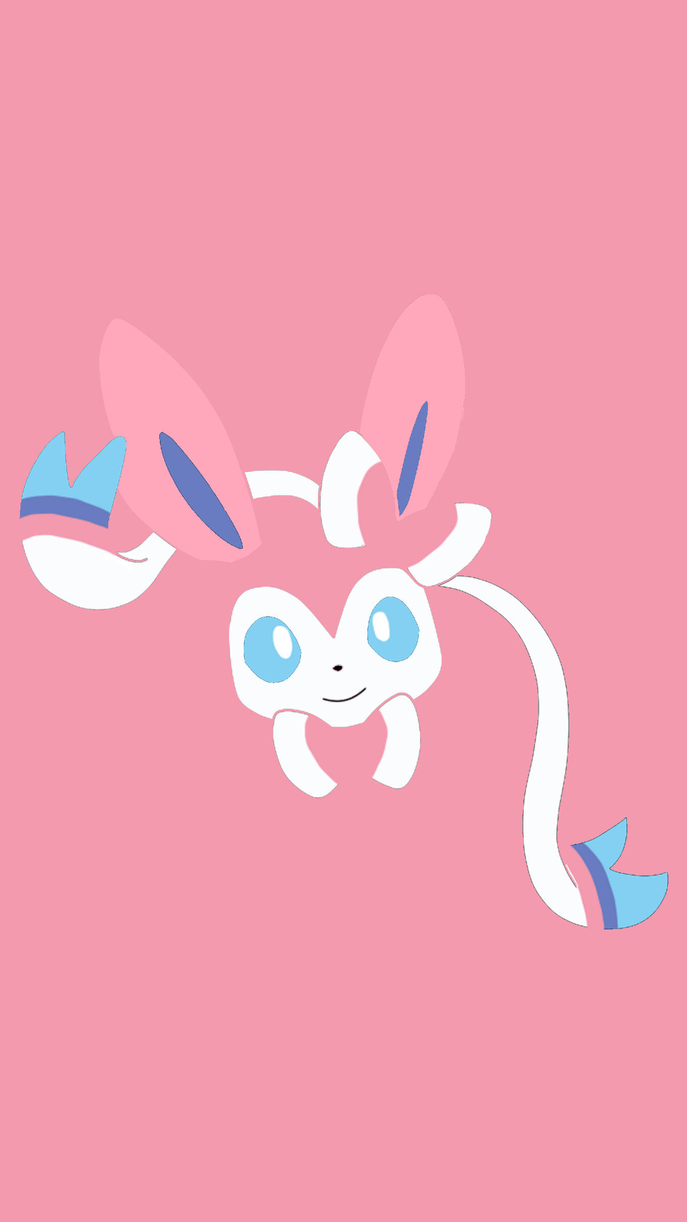 Sylveon 桌布 壁紙 — 一隻可愛的白色和粉紅色動漫風格寶可夢，有藍色眼睛和耳朵，漂浮在純粉紅色背景上。