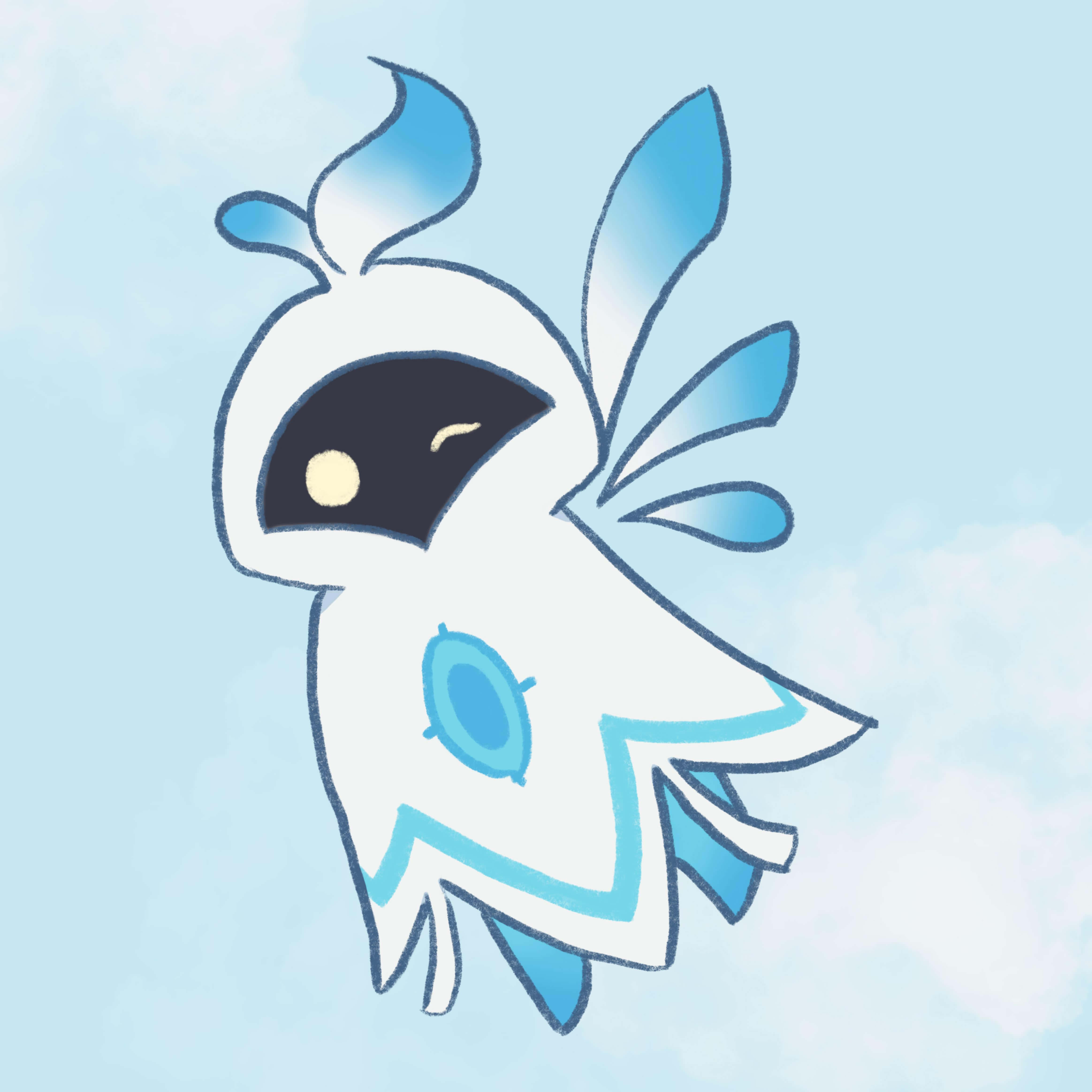 character 桌布 壁紙 — 一隻可愛的白色和藍色卡通鳥，有一隻眼睛和羽毛翅膀，在柔和天空背景下漂浮。