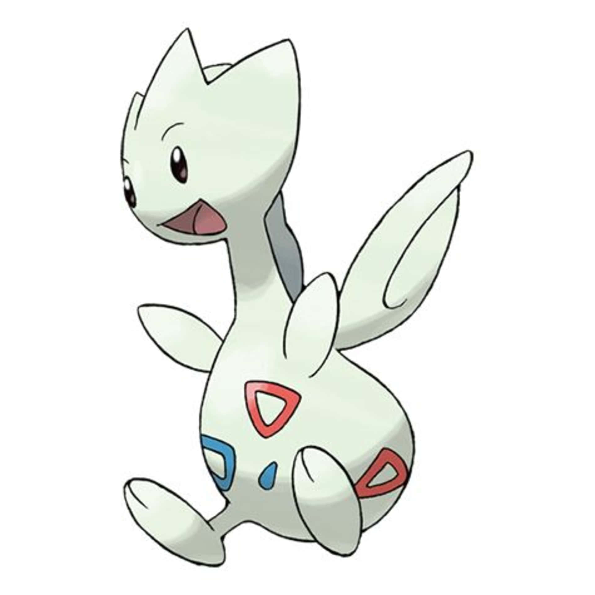 Pokemon Aesthetic 桌布 壁紙 — 一隻可愛的白色寶可夢，帶有紅色、藍色和灰色斑紋，以俏皮的姿勢坐在純白色背景前。