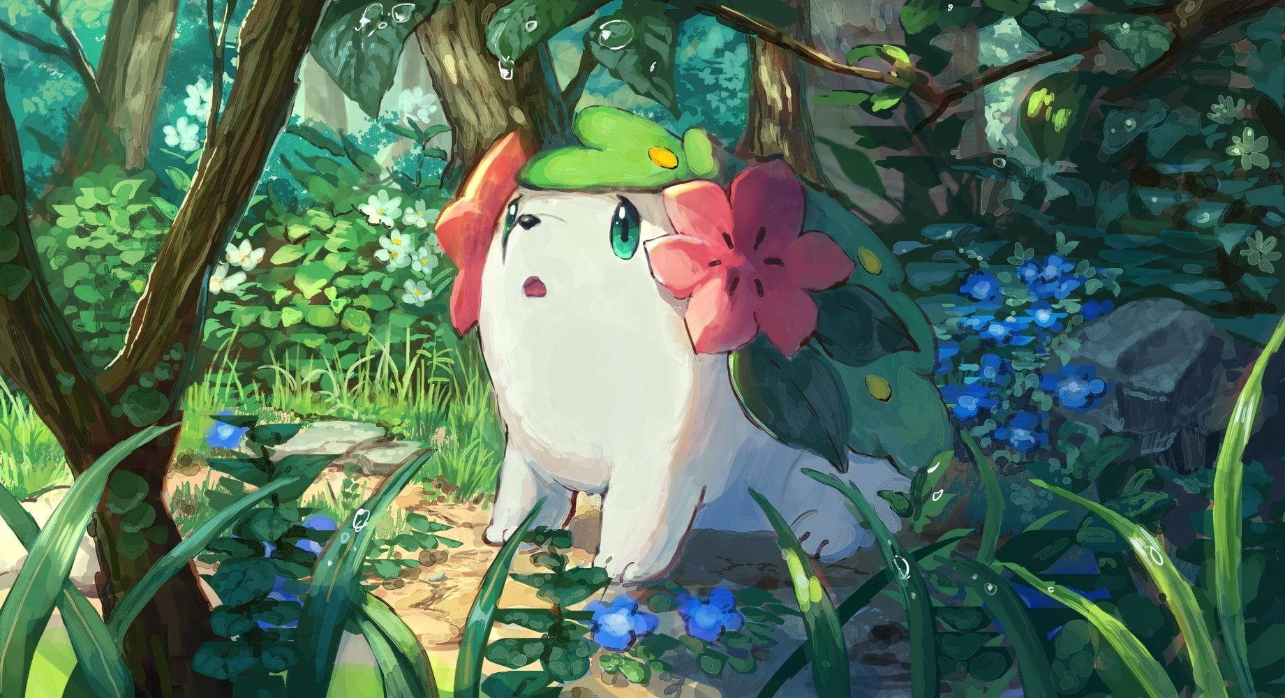 Shaymin 桌布 壁紙 — 一隻可愛的白色寶可夢，戴著粉紅色花朵和綠色葉子帽子，坐在陽光普照的森林中，周圍有藍色花朵和帶露水的葉子。
