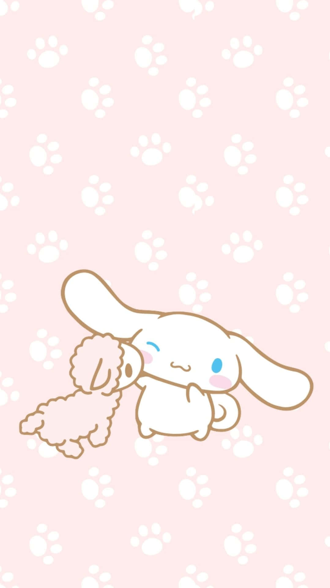 Kawaii Elephant 桌布 壁紙 — 一隻可愛的白色小兔，藍色眼睛，在一個佈滿白色爪印的柔和粉紅色背景上，擁抱一隻毛茸茸的粉紅色小狗。