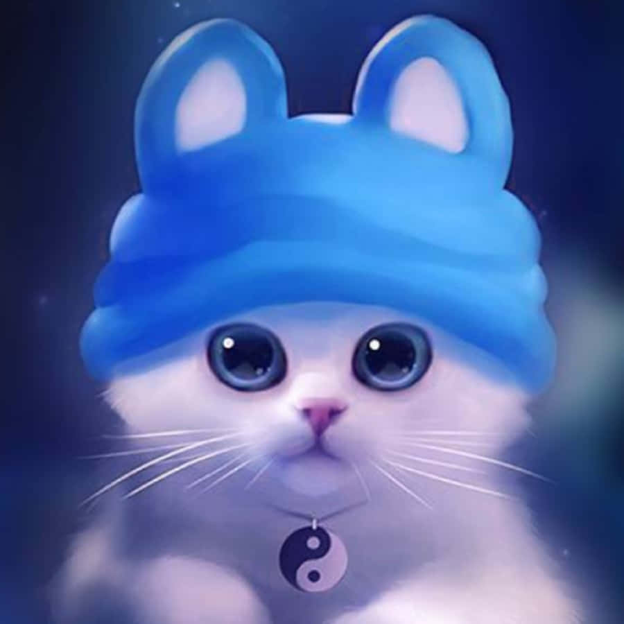 Beanie 桌布 壁紙 — 一隻可愛的白色小貓，有著大眼睛，戴著藍色兔帽和陰陽吊墜，背景是深藍色。
