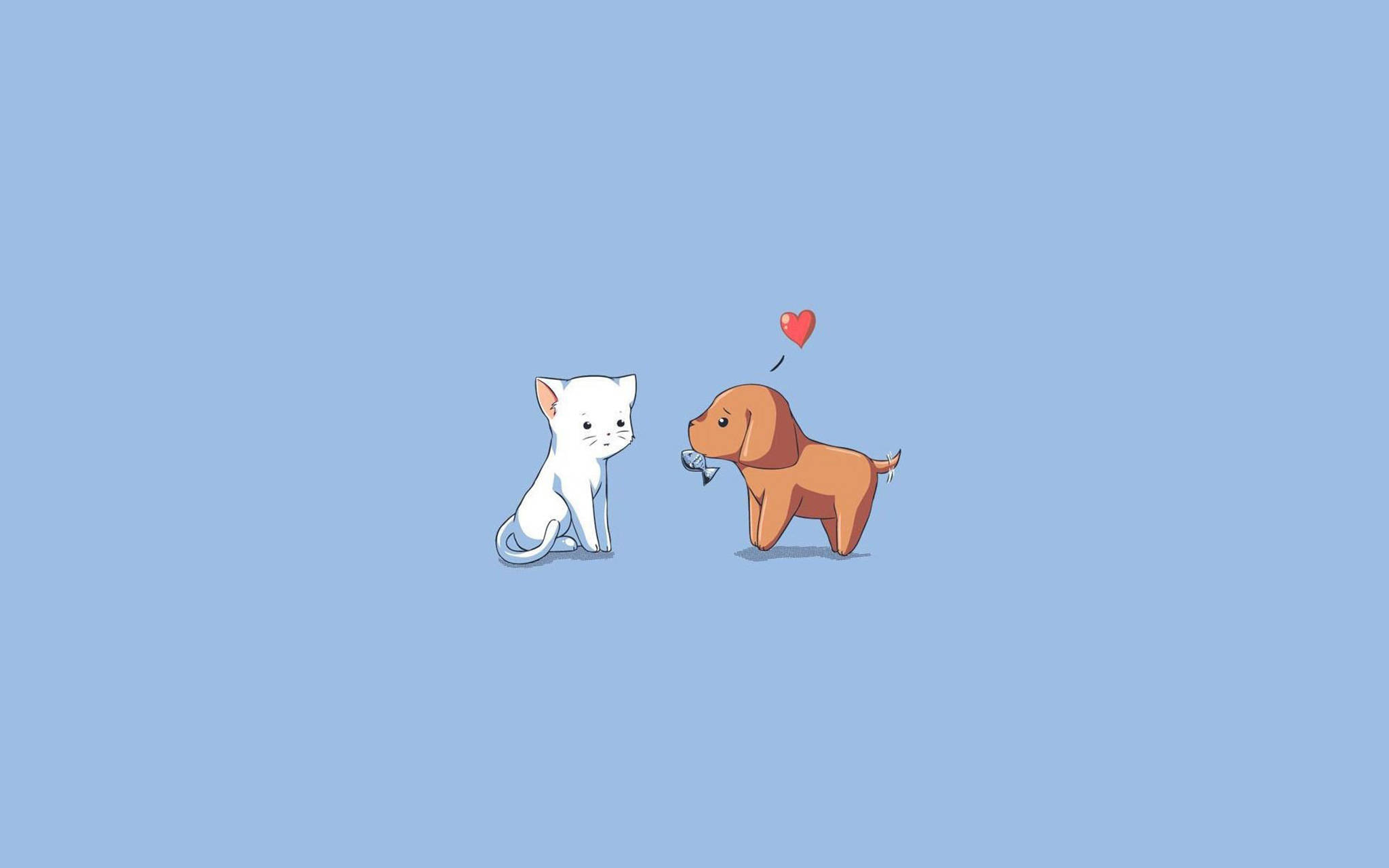 Dog Art 桌布 壁紙 — 一隻可愛的白色小貓和棕色小狗面對面，中間有一個漂浮的紅色愛心，背景是柔和的藍色。
