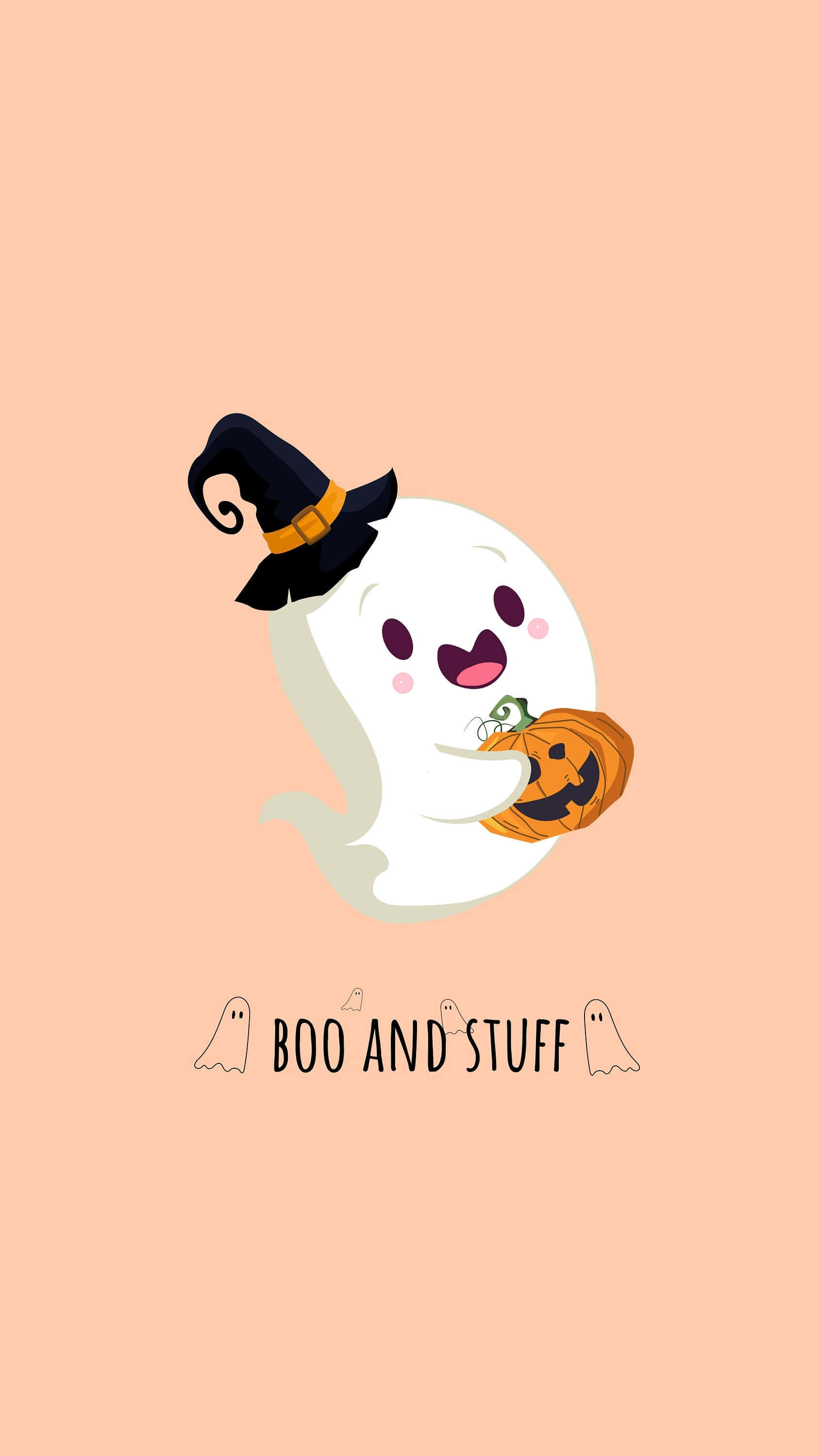 Cute Ghost 桌布 壁紙 — 一隻可愛的白色幽靈戴著黑色巫師帽，在柔和的蜜桃色背景上抱著一個微笑的傑克南瓜燈。