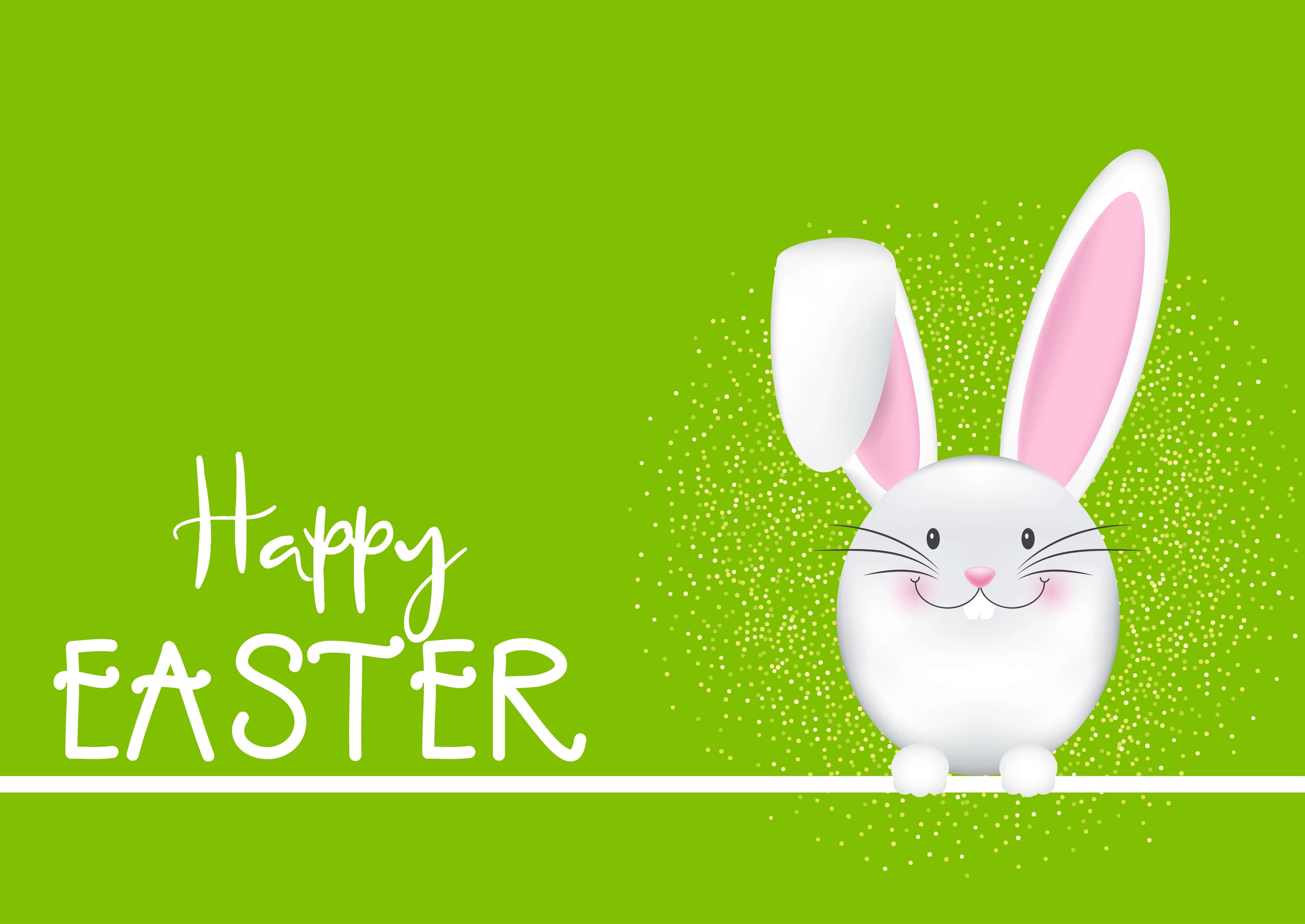 Happy Easter 桌布 壁紙 — 一隻可愛的白色復活節兔子，粉紅色內耳，從一條白線上方探出頭來，背景是明亮的綠色，帶有閃閃發光的圓點和「Happy Easter」文字。
