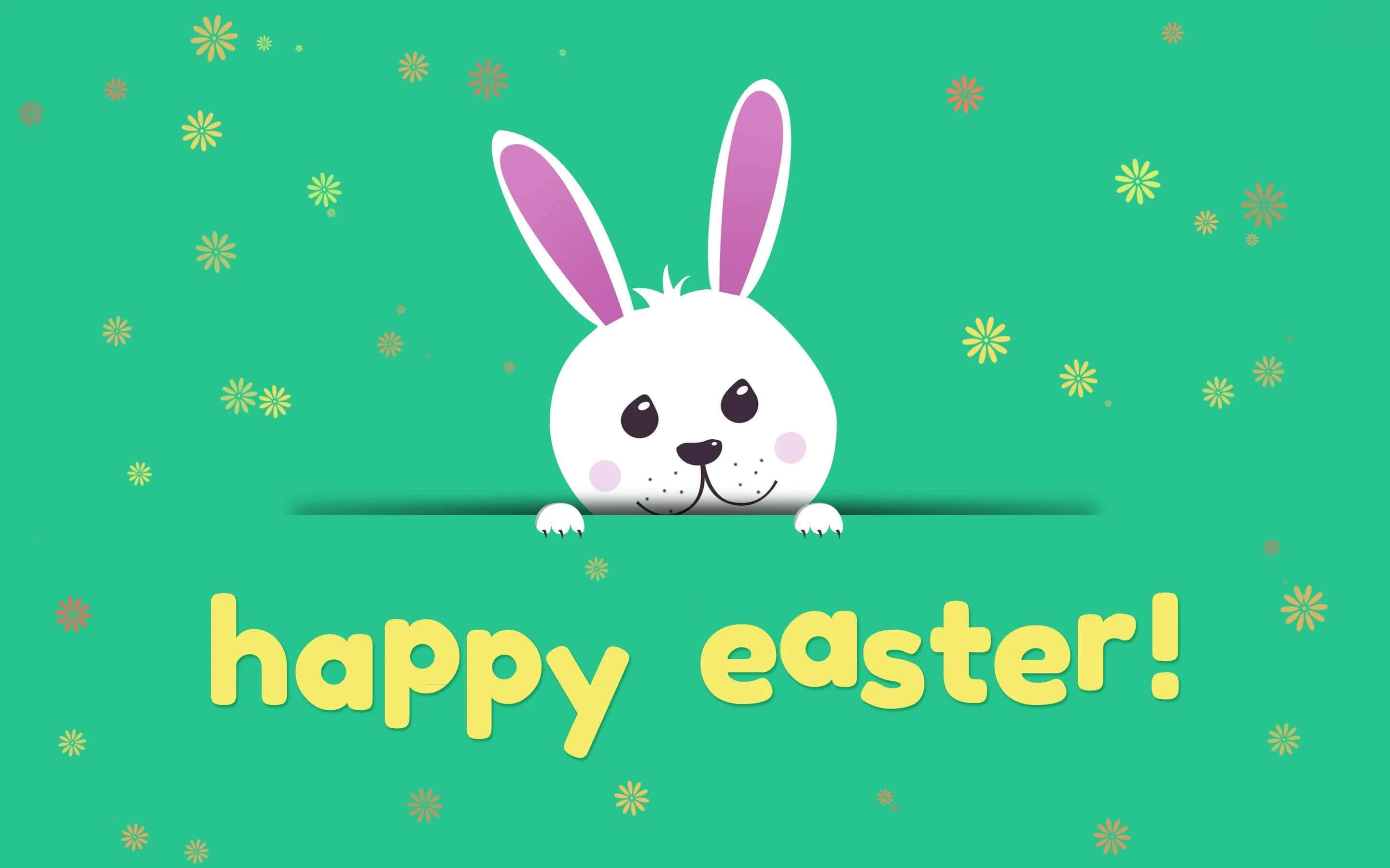 Happy Easter 桌布 壁紙 — 一隻可愛的白色復活節兔子，粉紅色耳朵，從綠色邊框上方探出頭來，背景是藍綠色，有黃色花朵和「happy easter!」文字。