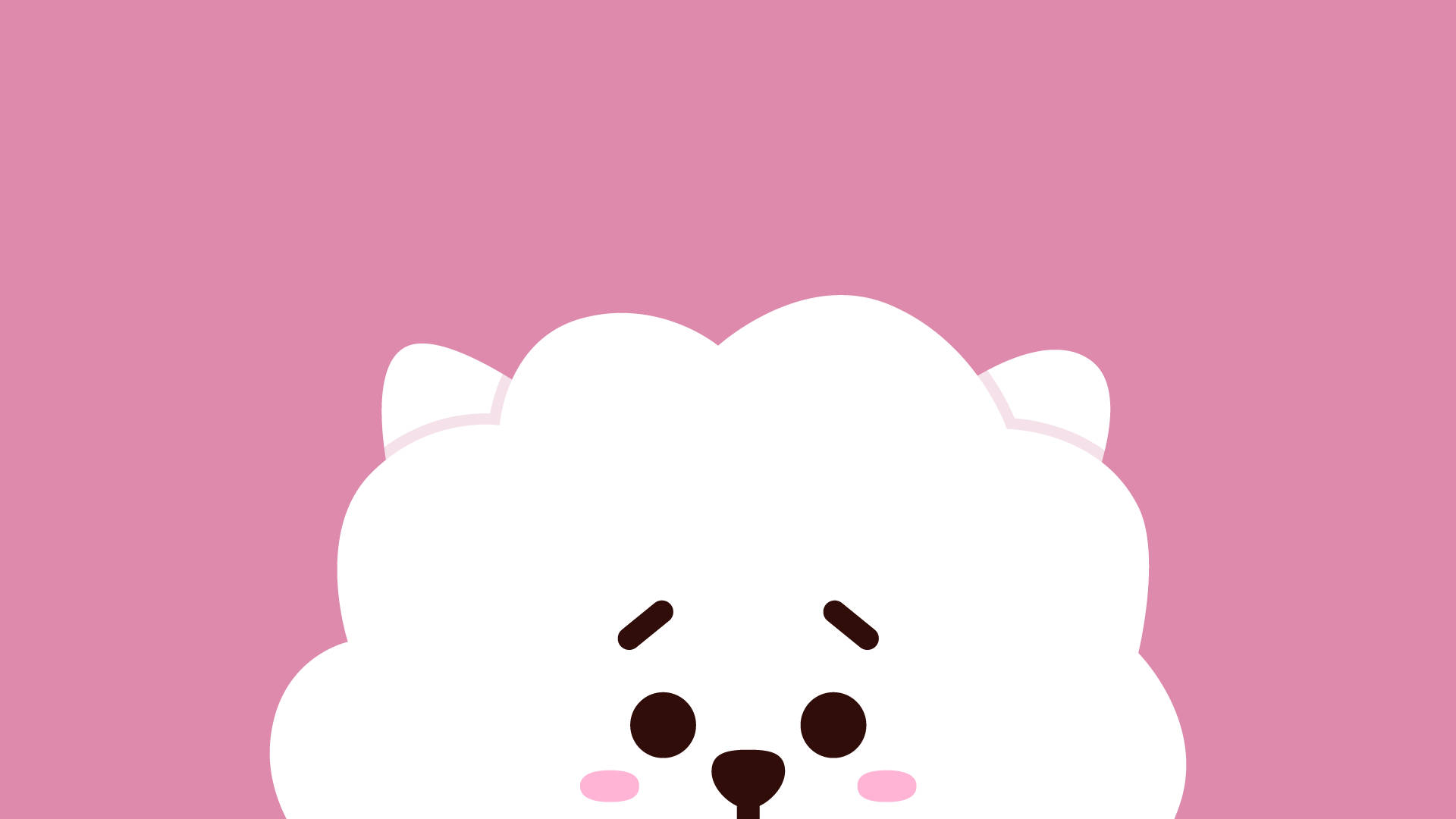 rj bt21 桌布 壁紙 — 一隻可愛的白色毛絨卡通狗，粉紅色的臉頰，從純粉紅色的背景中探出頭來。