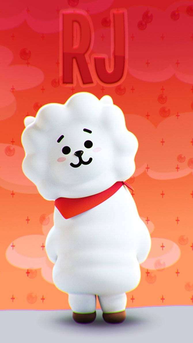 BT21 桌布 壁紙 — 一隻可愛的白色毛絨卡通狗戴著紅色頭巾，站在充滿活力的紅橙色漸變背景前，背景有漂浮的櫻桃圖案和大型「RJ」字母。
