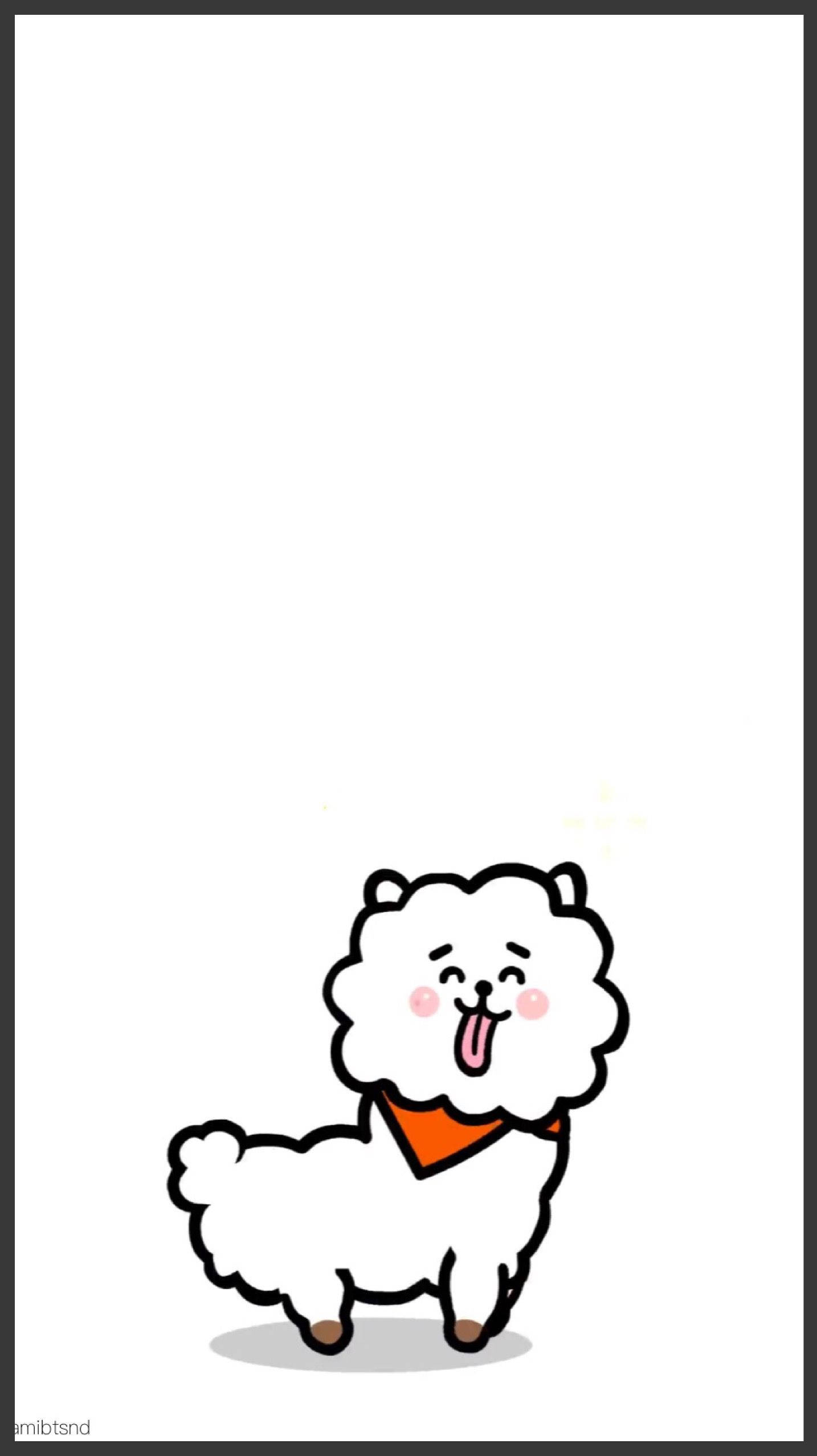 rj bt21 桌布 壁紙 — 一隻可愛的白色毛茸茸卡通狗，戴著橙色頭巾，在純白色背景上開心地伸出舌頭。