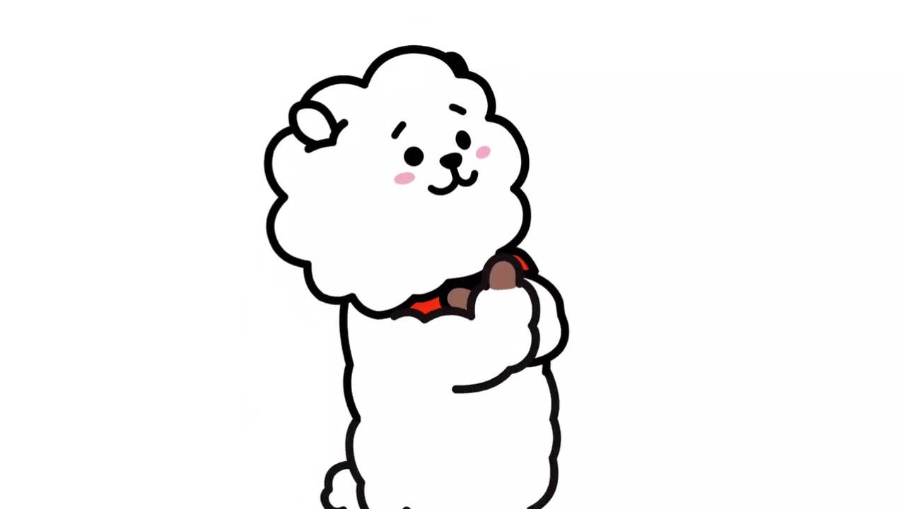rj bt21 桌布 壁紙 — 一隻可愛的白色毛茸茸卡通羊，戴著紅色蝴蝶結，站在純白色背景前。