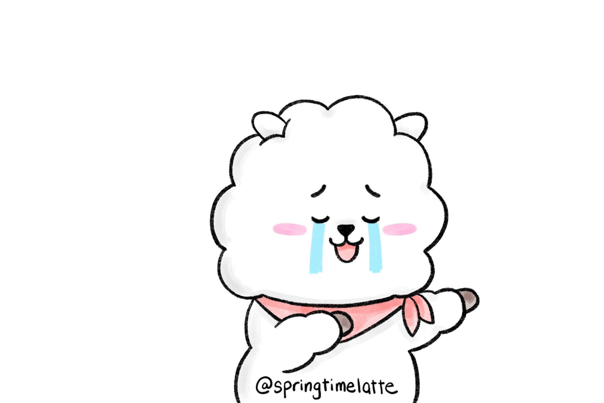 rj bt21 桌布 壁紙 — 一隻可愛的白色毛茸茸卡通羊，閉著眼睛，流著藍色的眼淚，戴著粉紅色圍巾微笑。