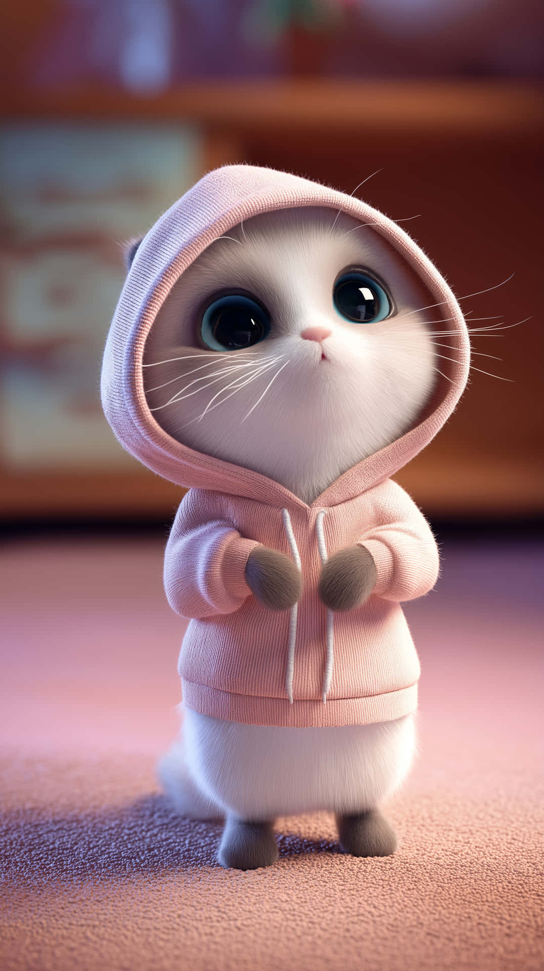 Adorable Feline in Hooded Attire with Wide Eyes 壁紙 — 一隻可愛的白色毛茸茸小貓穿著粉紅色連帽衫，站在地毯上，用藍色大眼睛向上看。