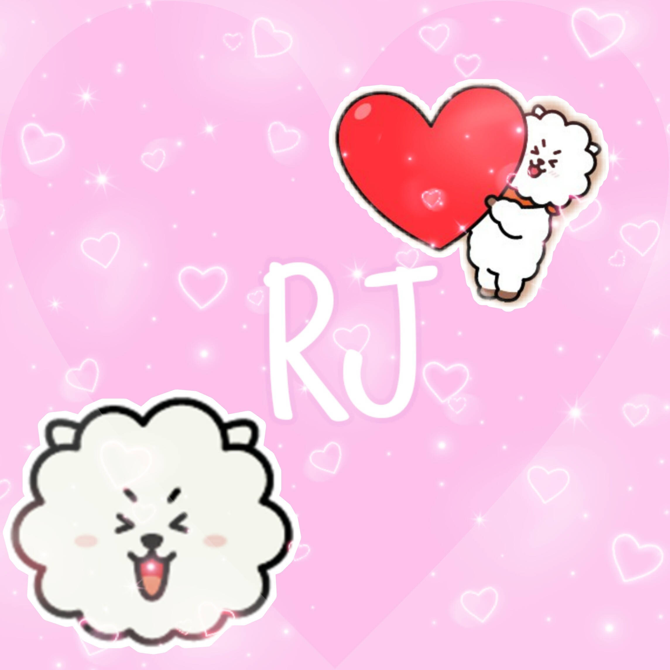 rj bt21 桌布 壁紙 — 一隻可愛的白色毛茸茸的狗拿著一個紅心，背景是閃閃發光的粉紅色，有漂浮的心形和字母RJ。