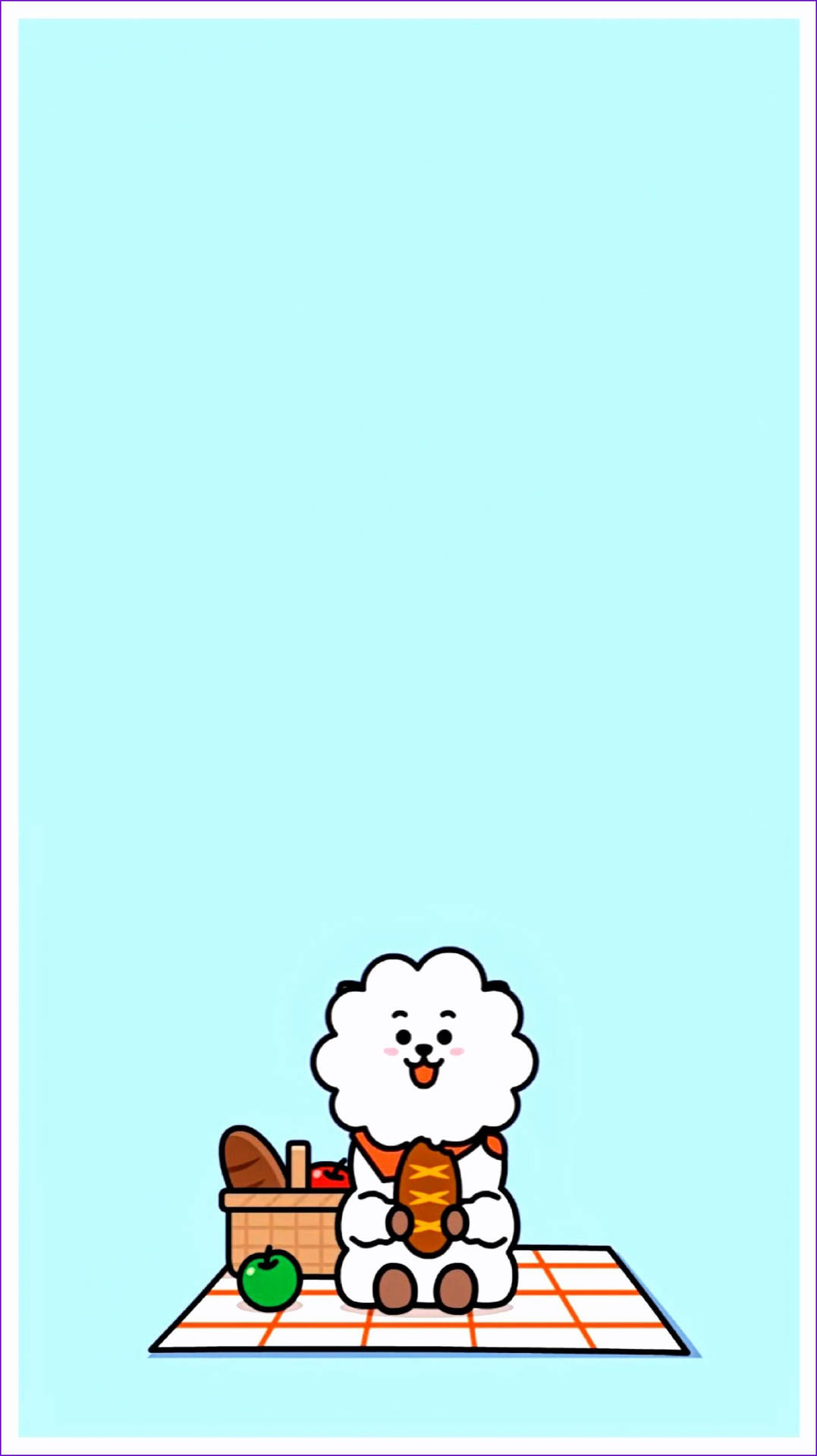 BT21 桌布 壁紙 — 一隻可愛的白色毛茸茸的狗開心地坐在格子野餐墊上，拿著三明治，旁邊有一個籃子和一個蘋果。