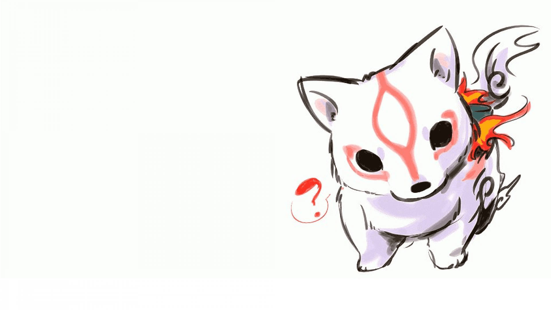Okami 桌布 壁紙 — 一隻可愛的白色狐狸狀生物，帶有紅色標記和火焰翅膀，好奇地看著一個漂浮的紅色問號。