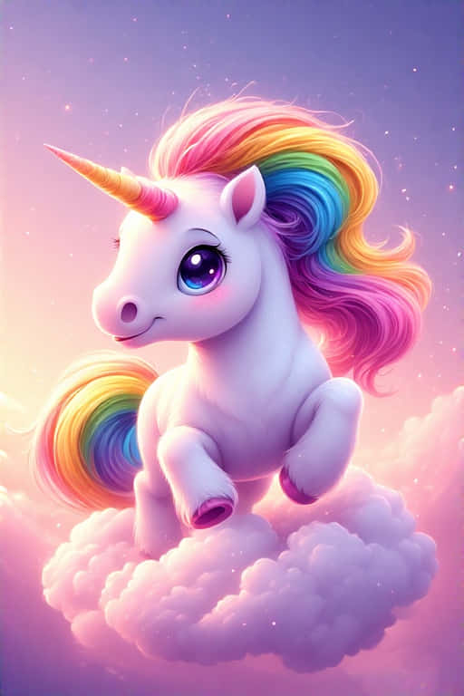 Chibi Unicorn on a Cloud Rainbow Mane 4K 壁紙 — 一隻可愛的白色獨角獸，擁有彩虹色的鬃毛和尾巴，坐在一朵蓬鬆的雲朵上，背景是點綴著星星的粉彩天空。
