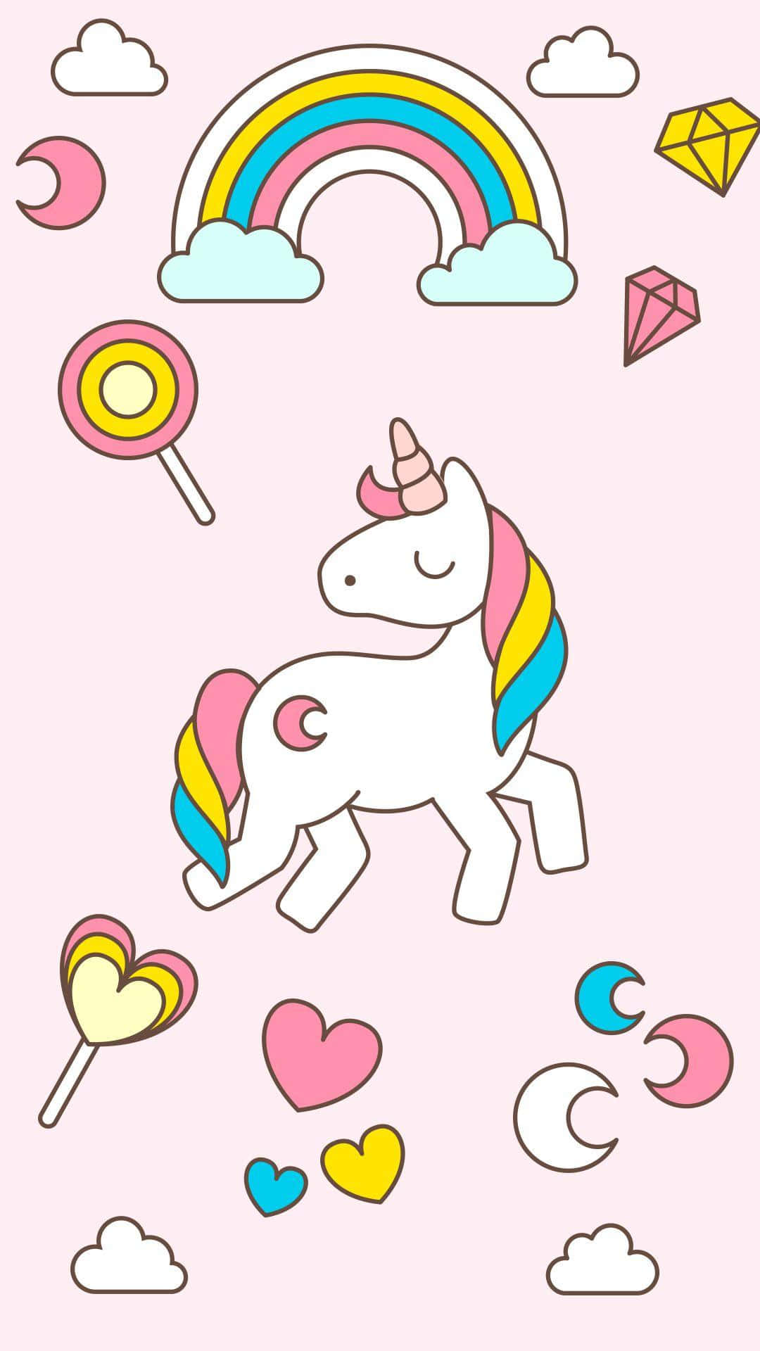 Cartoon Unicorn 桌布 壁紙 — 一隻可愛的白色獨角獸，擁有彩虹鬃毛和尾巴，站在漂浮的心形、棒棒糖、鑽石和彩虹之間，背景是柔和的粉紅色。