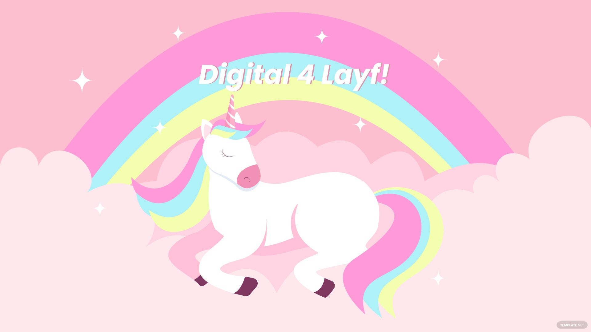 Cool Unicorn 桌布 壁紙 — 一隻可愛的白色獨角獸，有彩虹鬃毛和尾巴，在蓬鬆雲朵中的柔和彩虹下安詳地睡著。