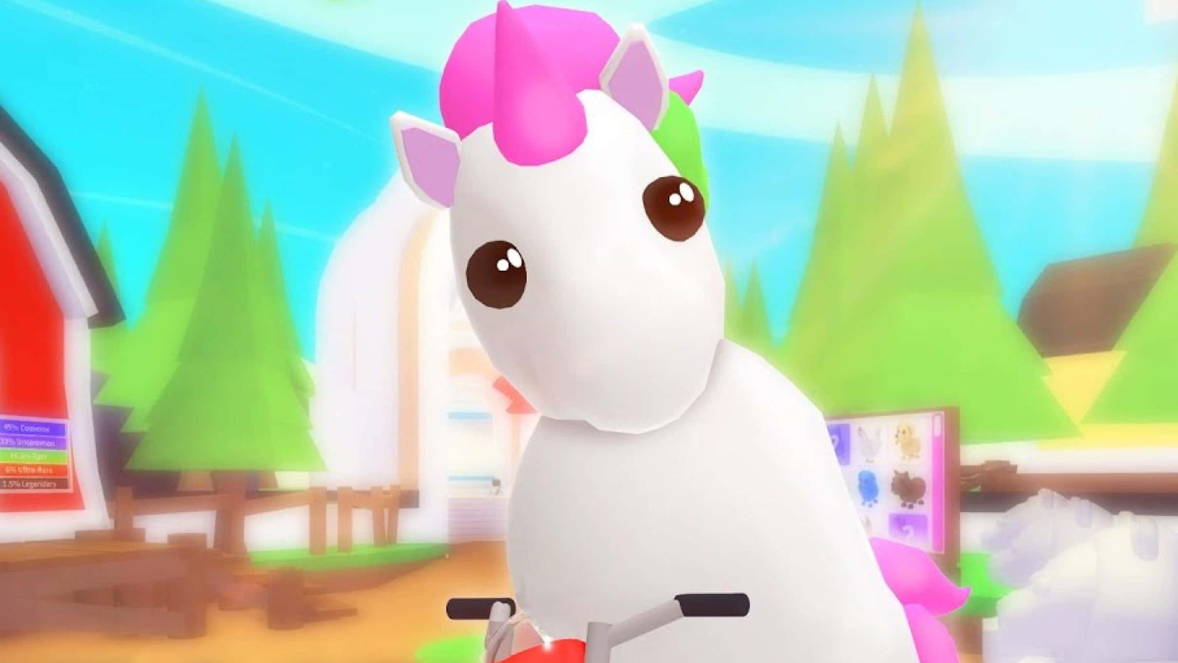 Roblox 桌布 壁紙 — 一隻可愛的白色獨角獸，有粉紅色的角和鬃毛，在一個明亮的卡通村莊裡騎著滑板車，村莊裡有綠樹和一個紅色穀倉。