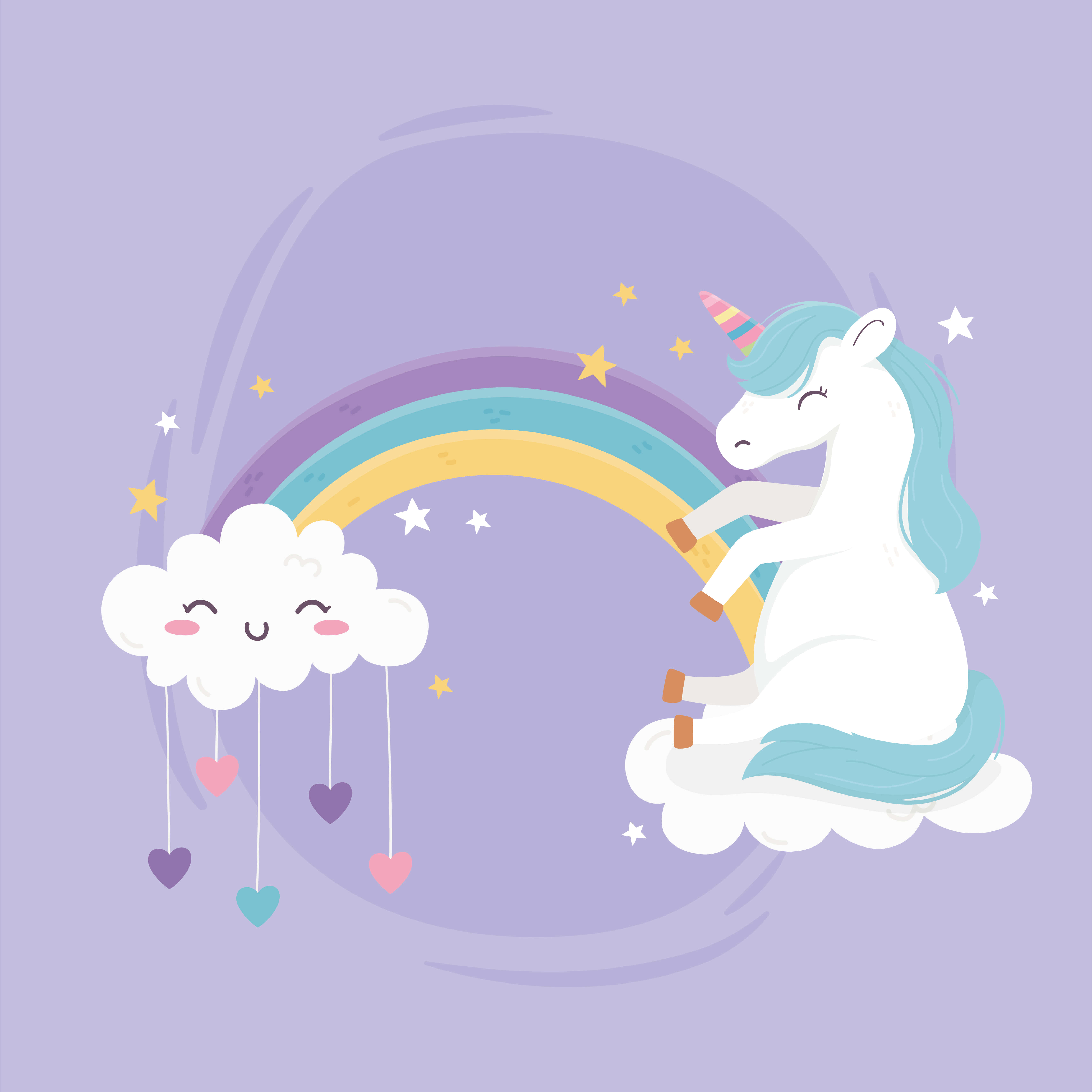 Cute Rainbow Pastel 桌布 壁紙 — 一隻可愛的白色獨角獸，藍色鬃毛，騎著雲朵，手持彩虹，旁邊漂浮著一朵微笑的雲，帶著心形雨滴。