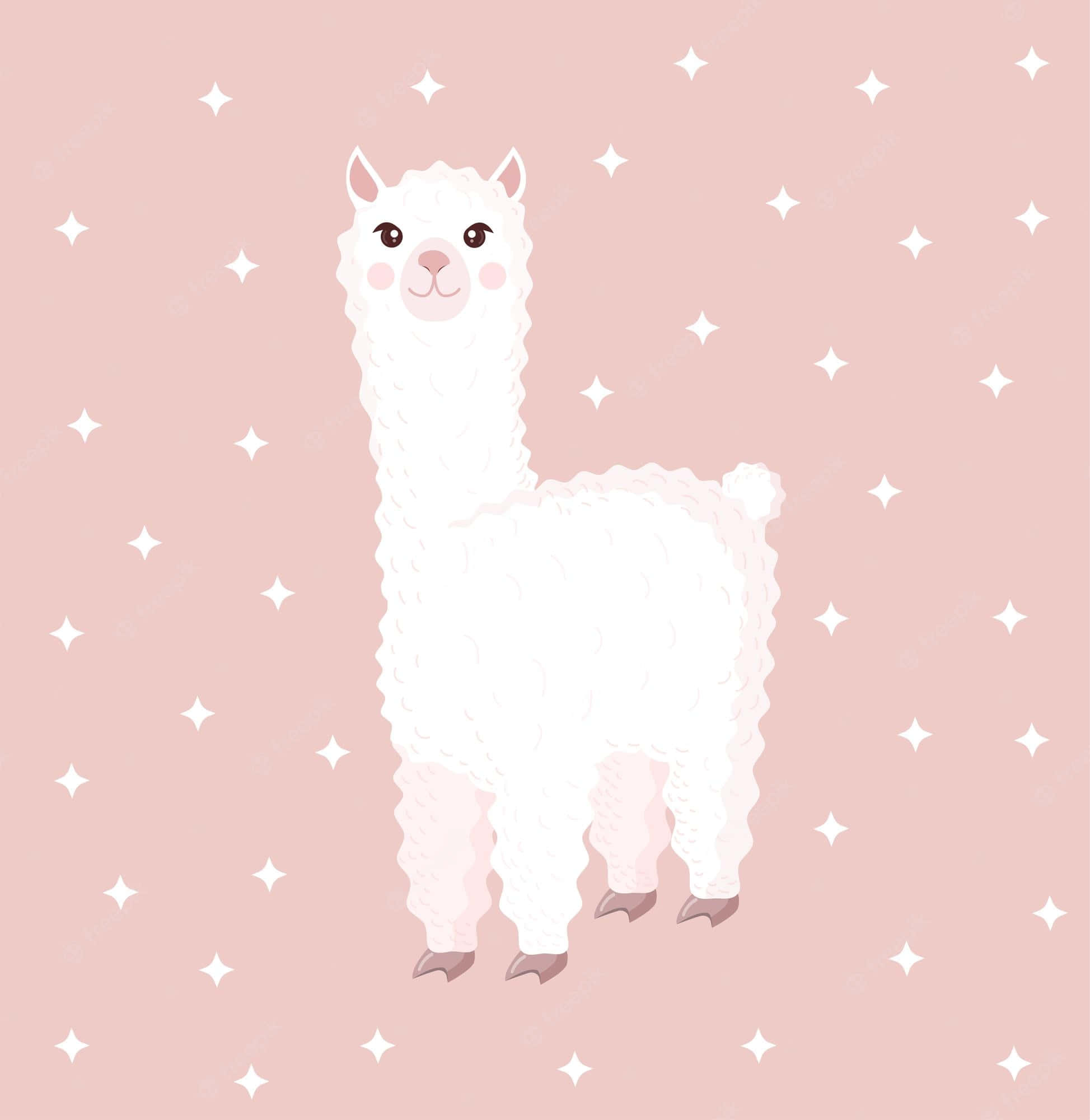 llama 桌布 壁紙 — 一隻可愛的白色羊駝，臉頰紅潤，站在點綴著白色星星的柔和粉紅色背景前。