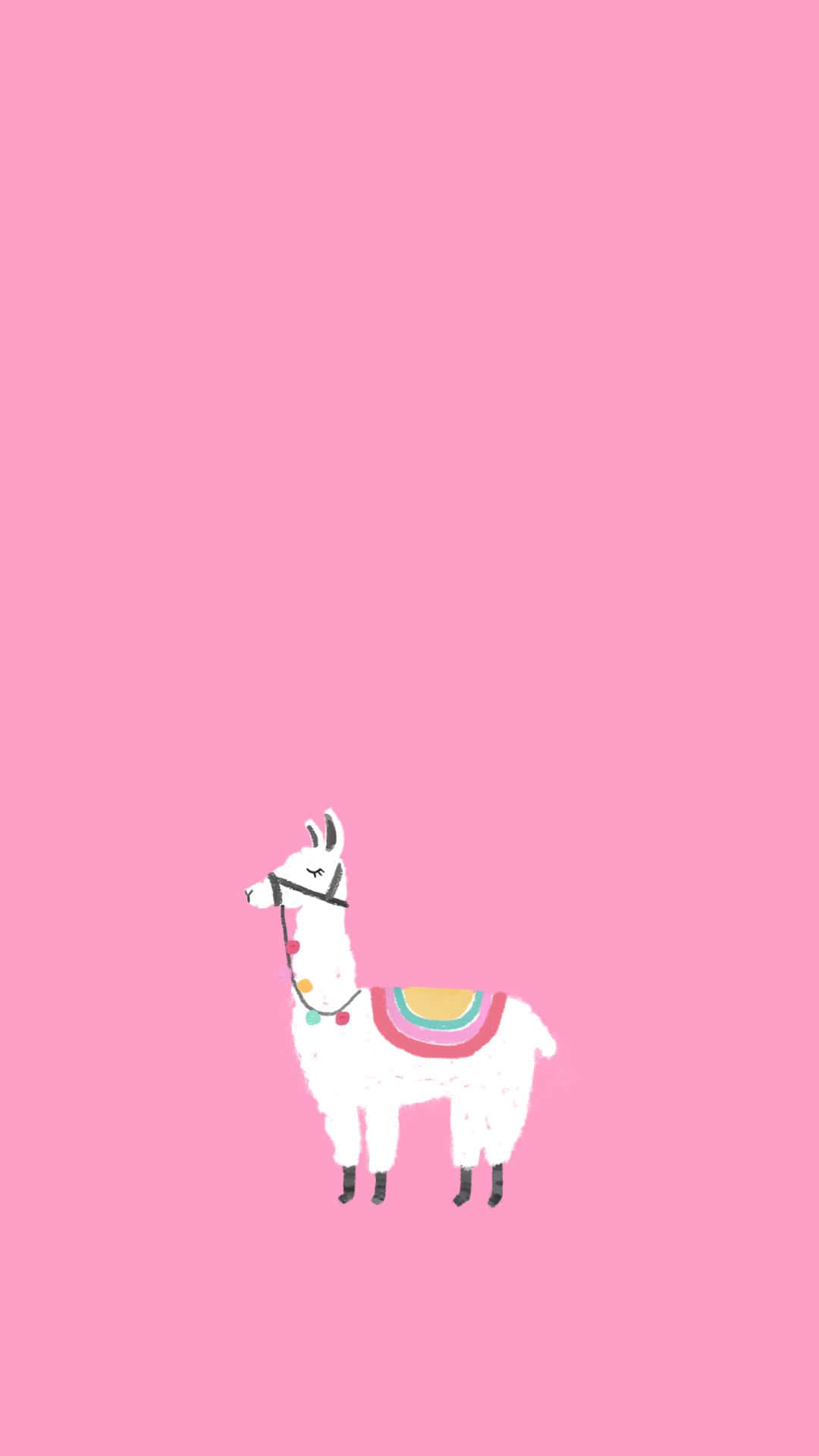 llama 桌布 壁紙 — 一隻可愛的白色羊駝，配著彩虹色的鞍具，站在純粉紅色的背景中央。