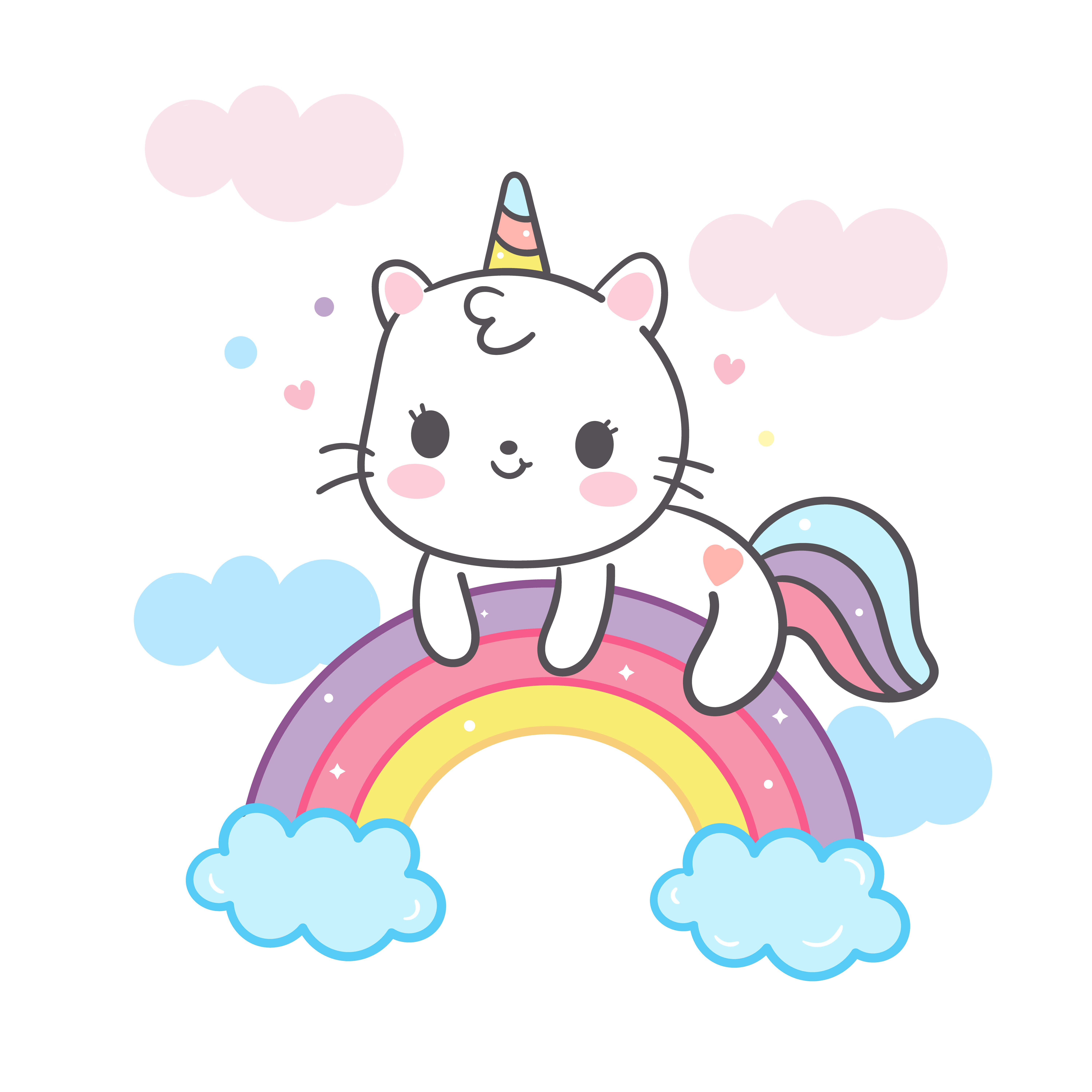 Kawaii Rainbow 桌布 壁紙 — 一隻可愛的白色貓咪獨角獸，擁有彩虹色的角和尾巴，快樂地坐在色彩繽紛的彩虹上，周圍環繞著粉彩雲朵和愛心。