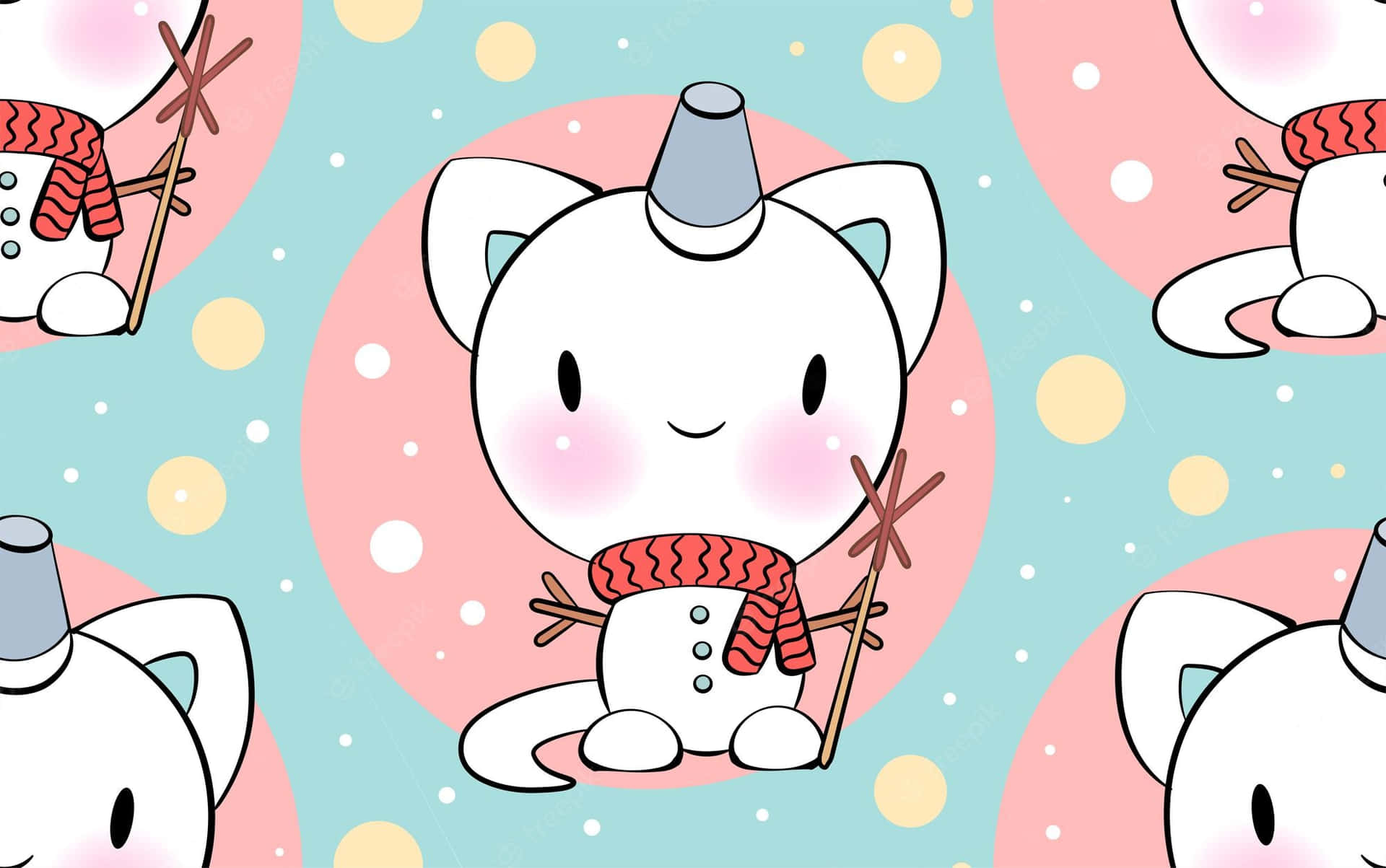 Cute Cat Pattern 桌布 壁紙 — 一隻可愛的白色貓咪生物，有灰色錐形角和紅色圍巾，坐在粉紅色圓圈和黃色圓點的粉彩背景上微笑。